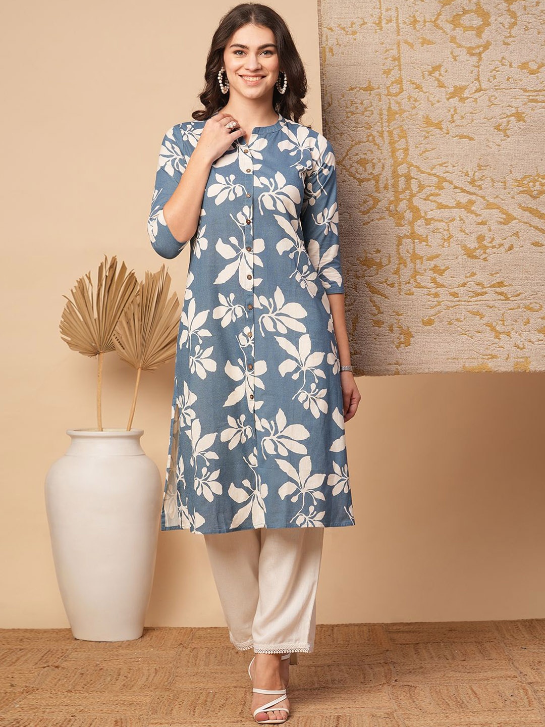 

FASHOR Floral Printed Mandarin Collar Cotton Straight Kurta, Blue