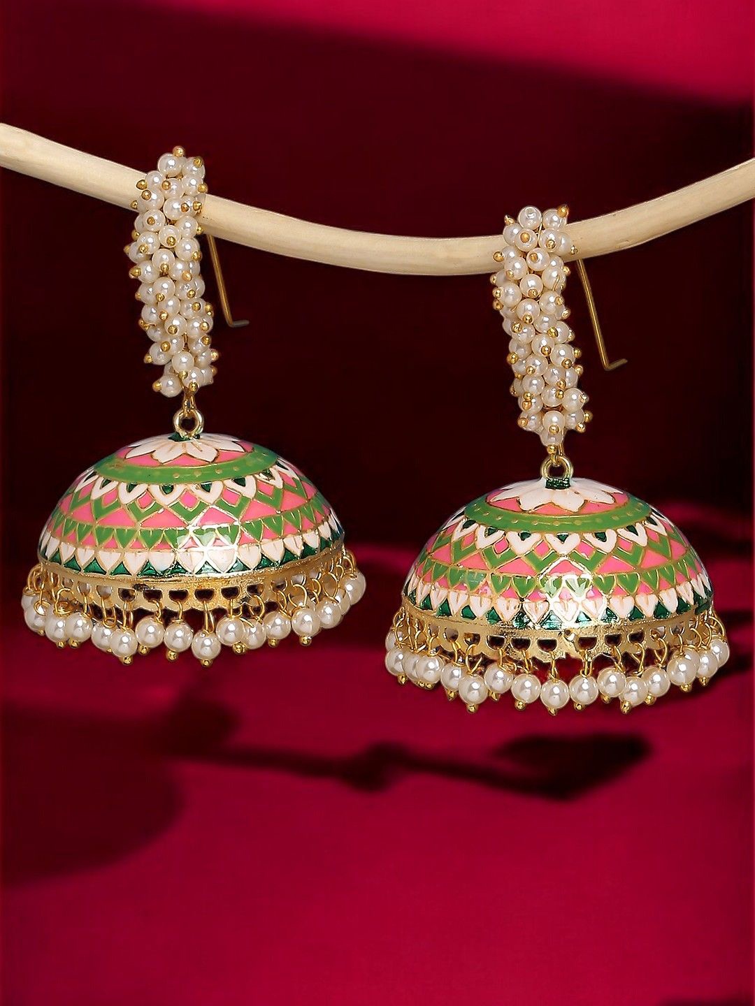 

OOMPH Stone Studded & Beaded Dome Shaped Meenakari Jhumkas, Green