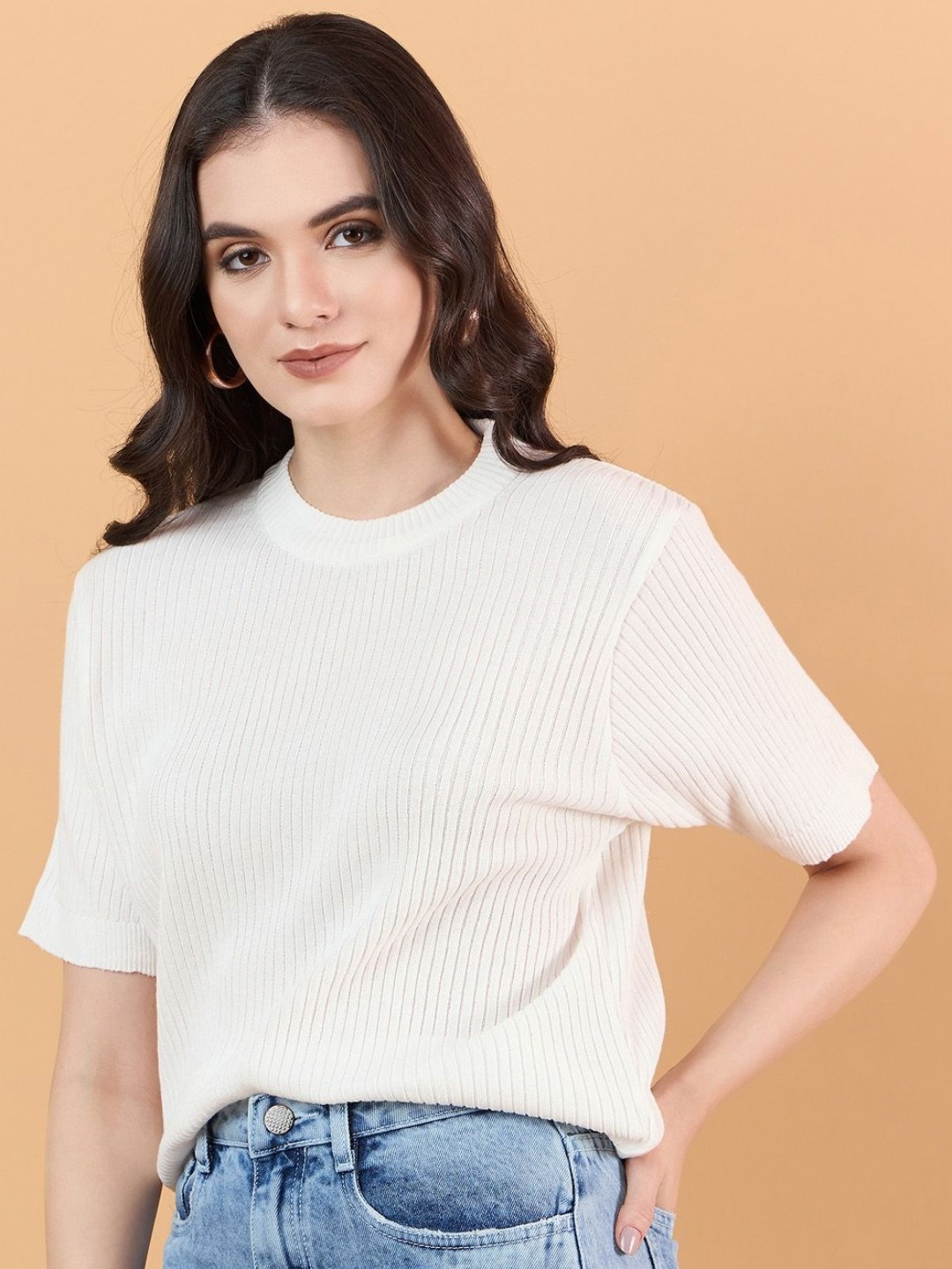 

CLAPTON Women Anti Static Solid Round Neck Wool T-shirt, White