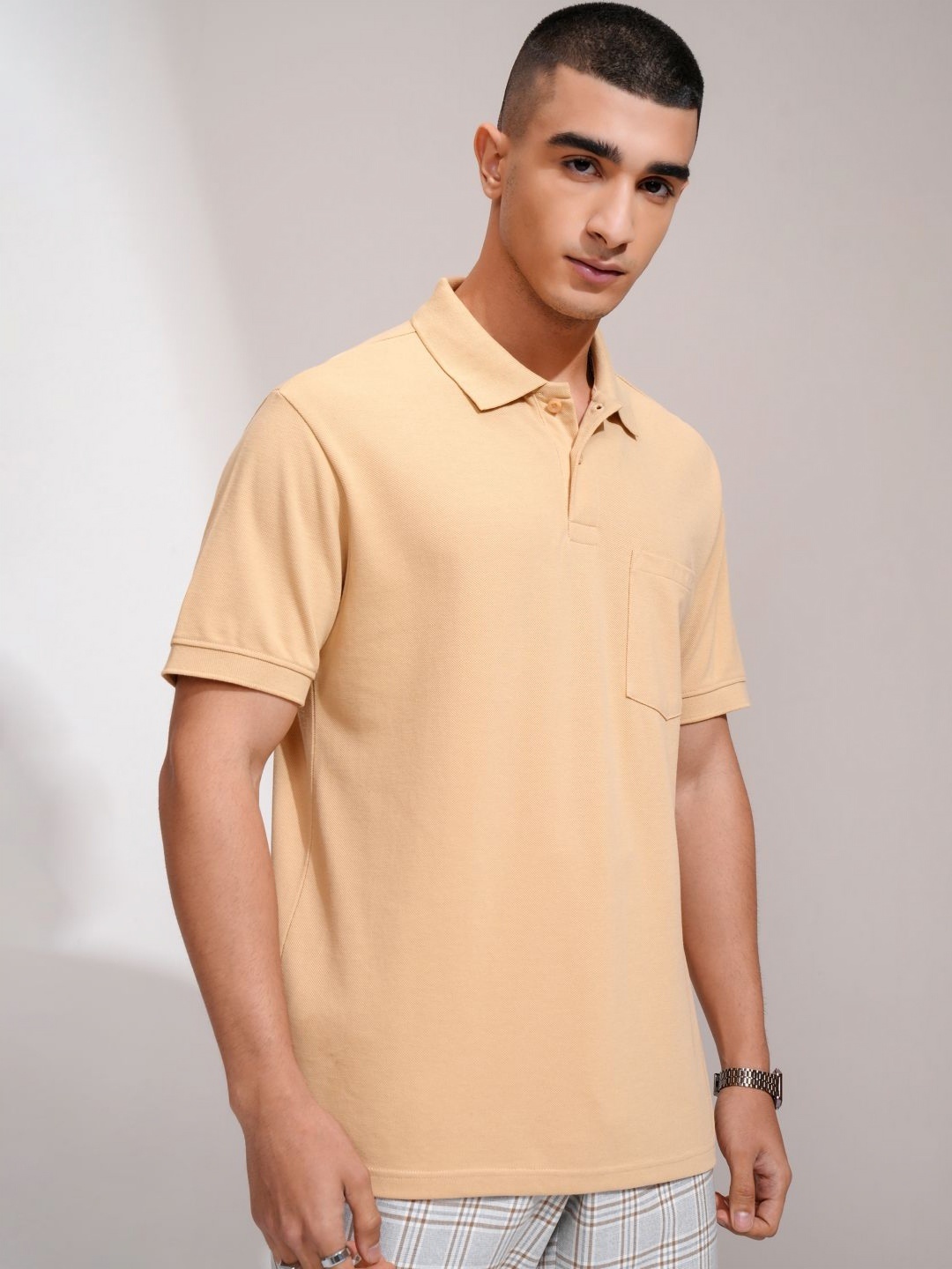 

HIGHLANDER Men Solid Polo Collar Cotton T-shirt, Beige