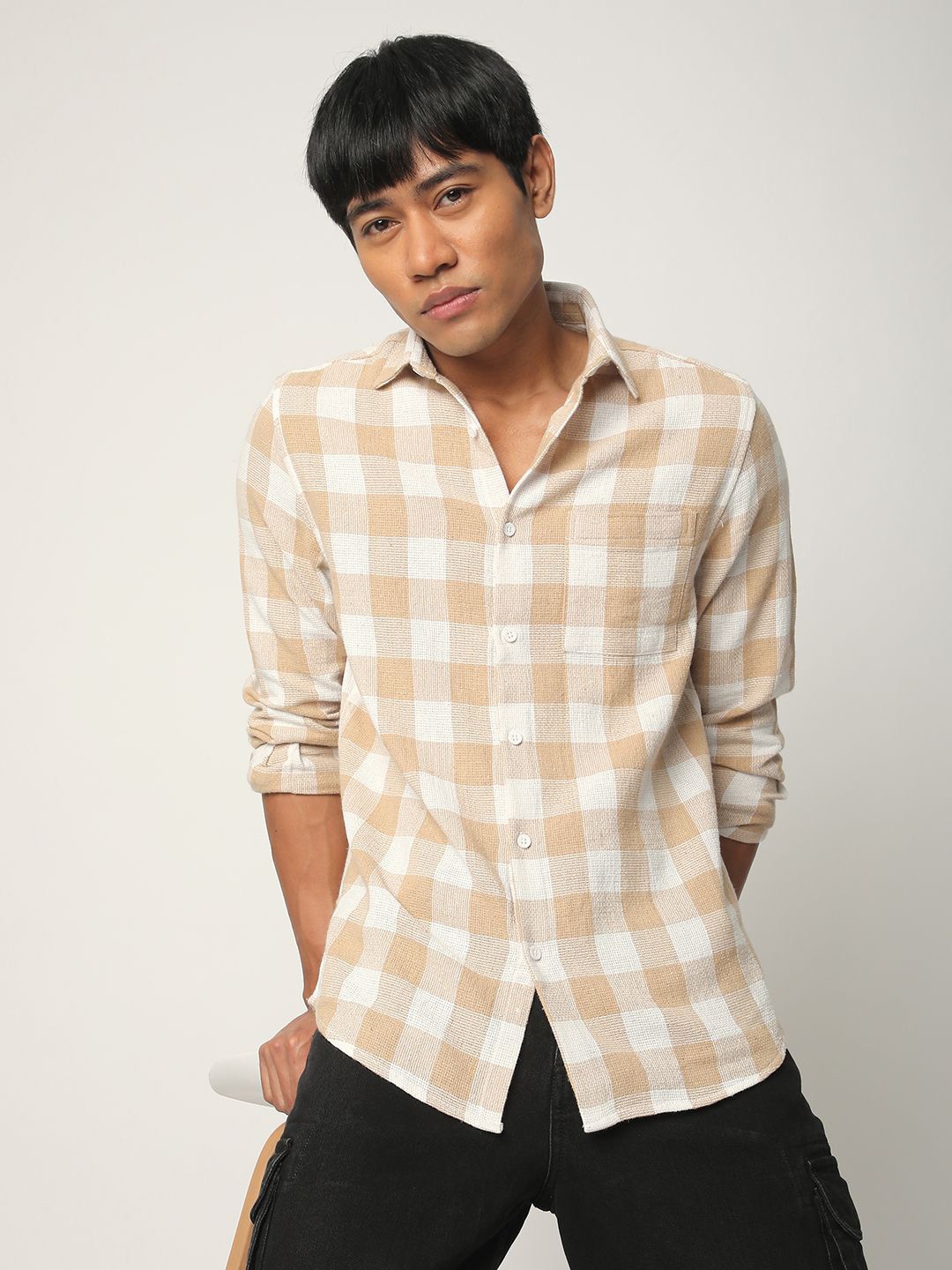 

R&B Men Spread Collar Buffalo Checked Casual Shirt, Beige