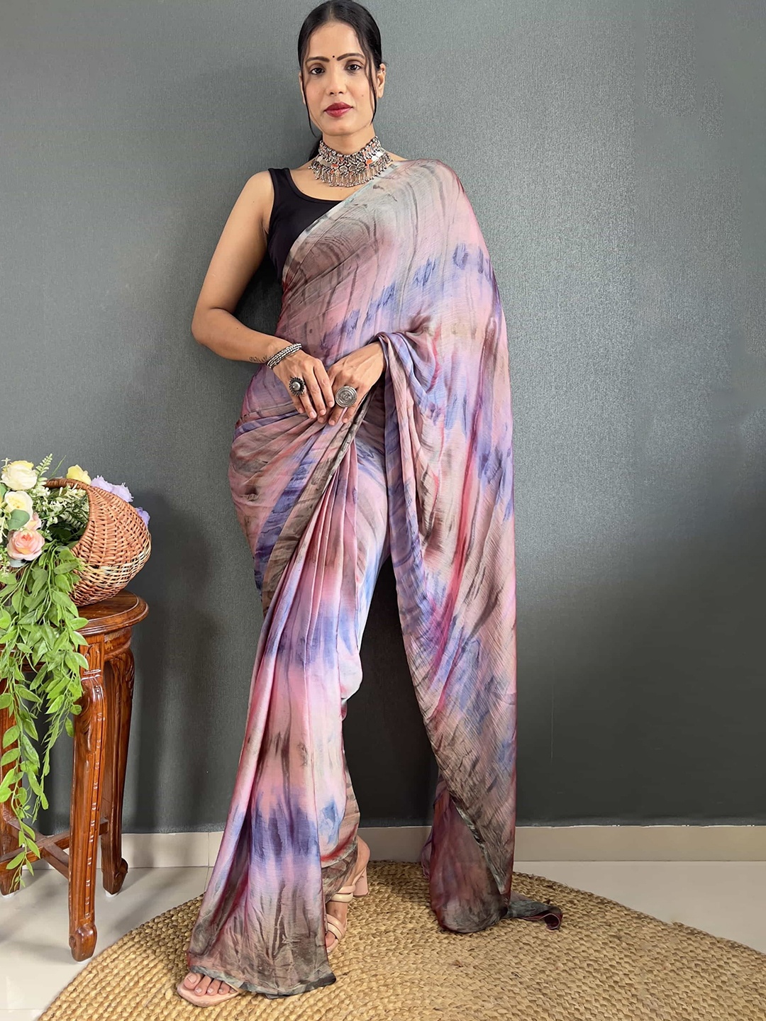 

V3 FASHION STUDIO Tie and Dye Pure Chiffon Jamdani Saree, Peach