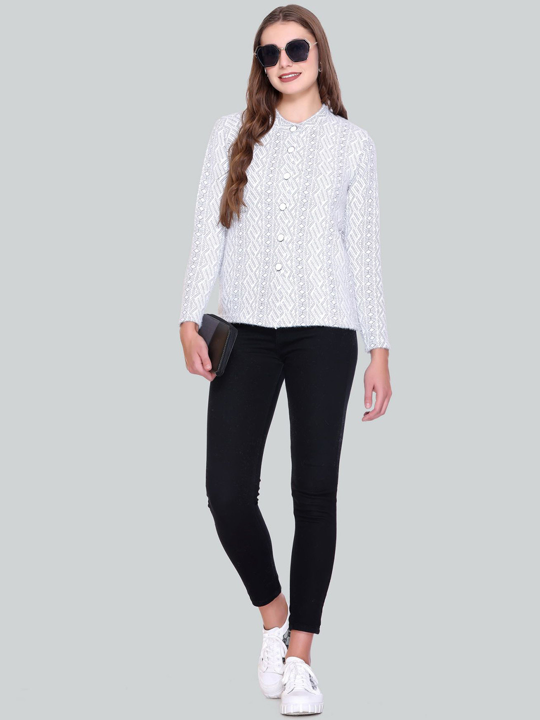 

Gouri Women Self Design Round Neck Woollen Cardigan, Grey