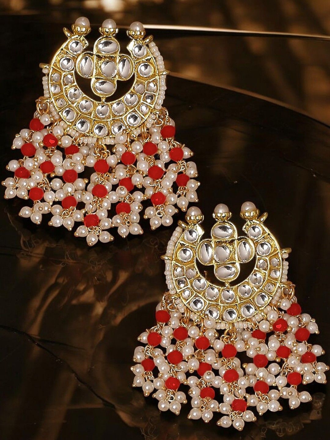 

OOMPH Kundan Studded & Beaded Jadau Circular Drop Earrings, Red