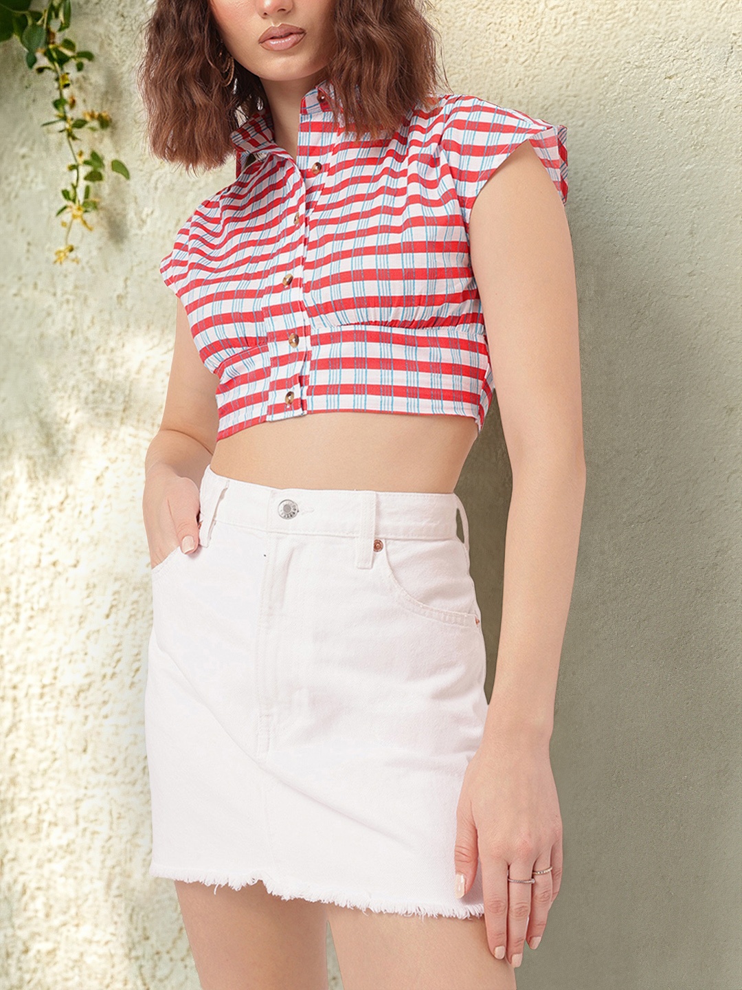 

DressBerry Urban Chic Striped Shirt Style Crop Top, Red