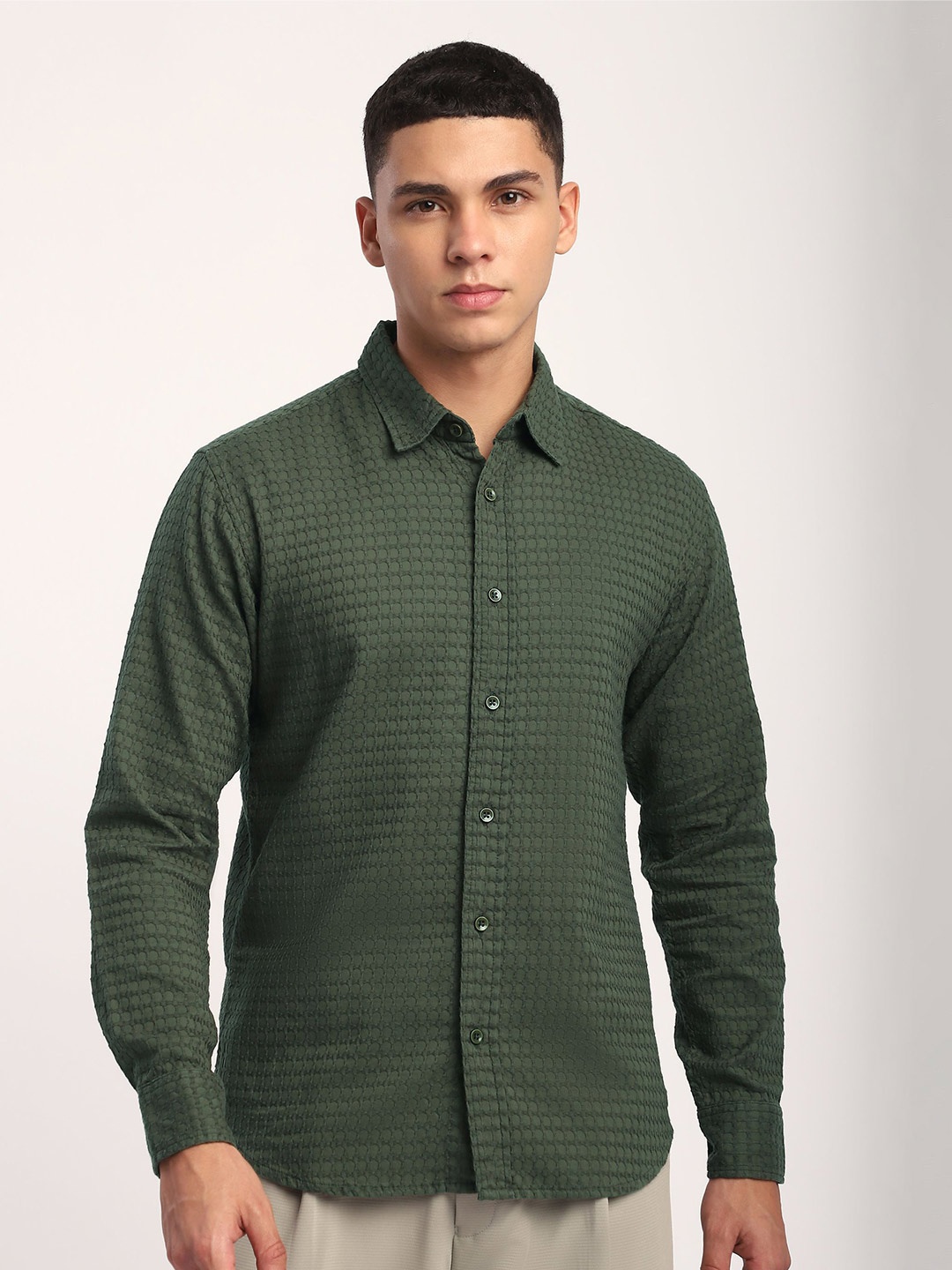 

Beyoung Men Cuban Collar Textured Cotton Casual Shirt, Green