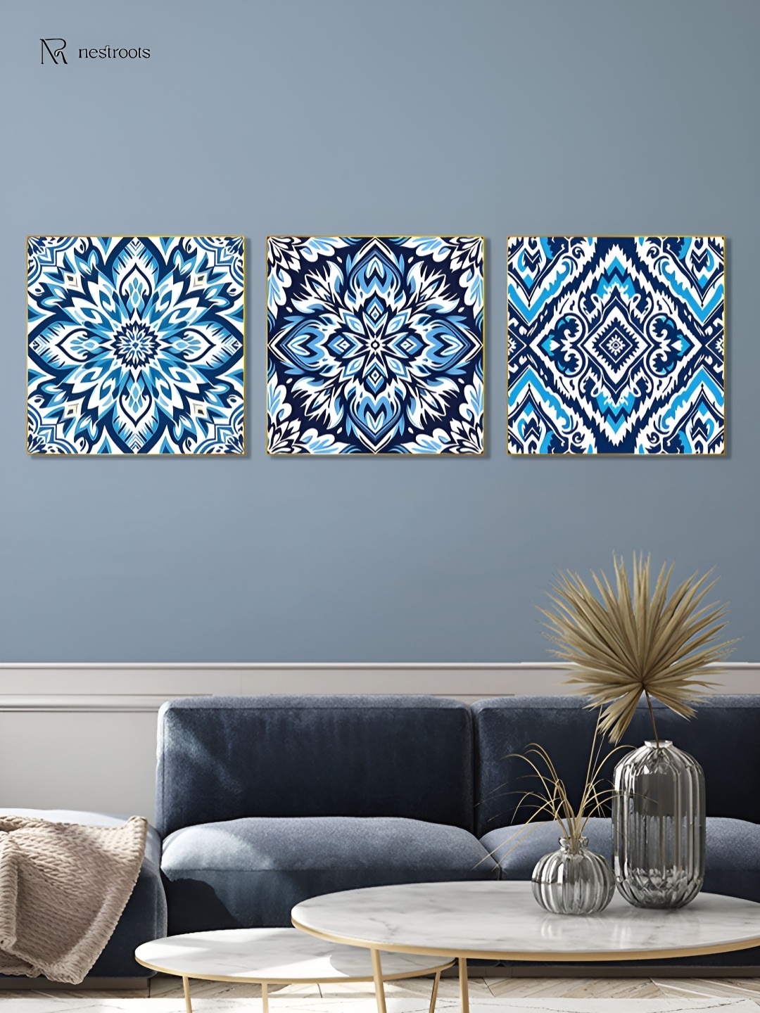 

nestroots White & Blue 3 Pieces Printed Canvas Wall Art