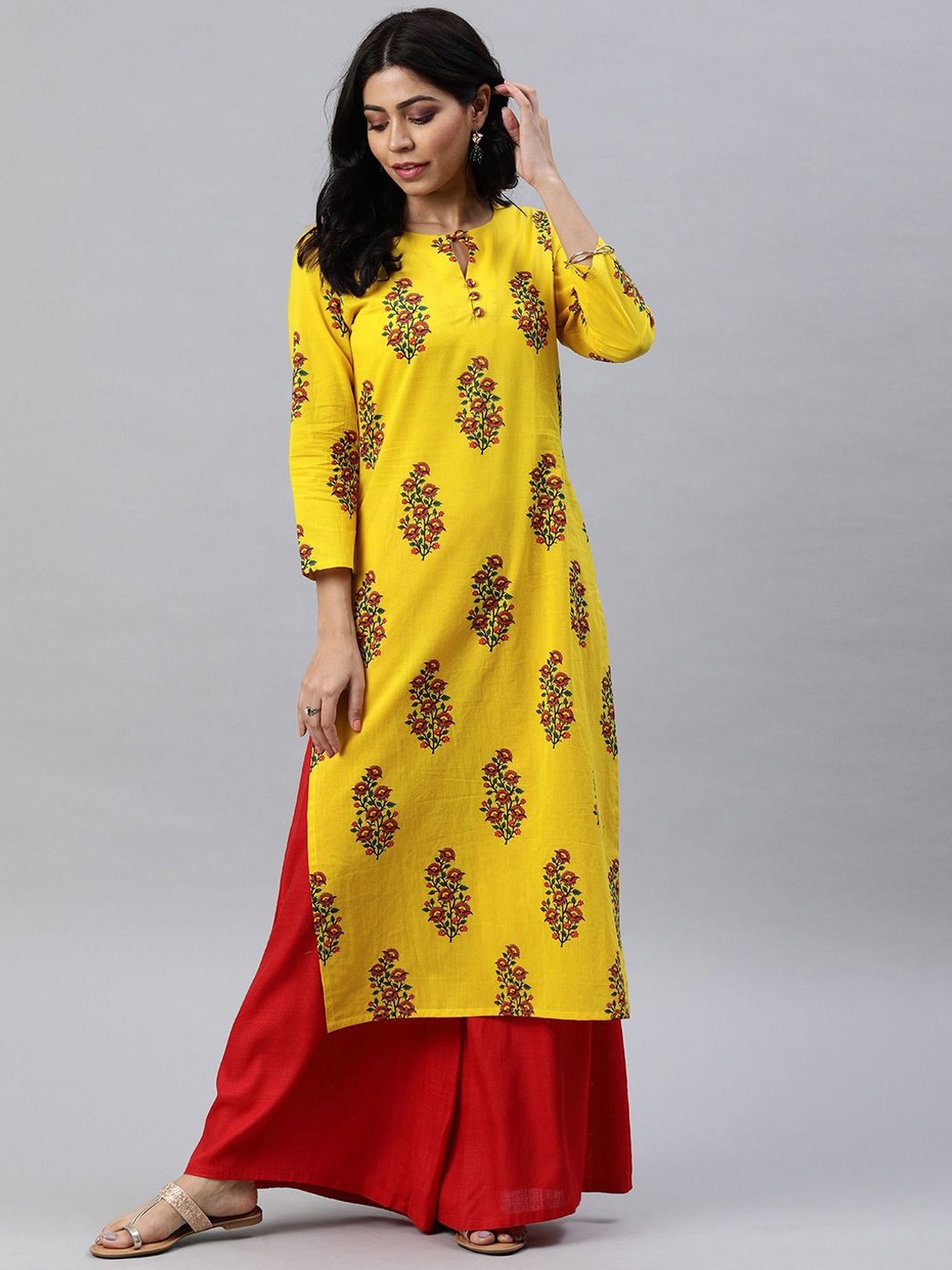 

AHIKA Floral Printed Keyhole Neck Cotton Straight Kurta, Yellow