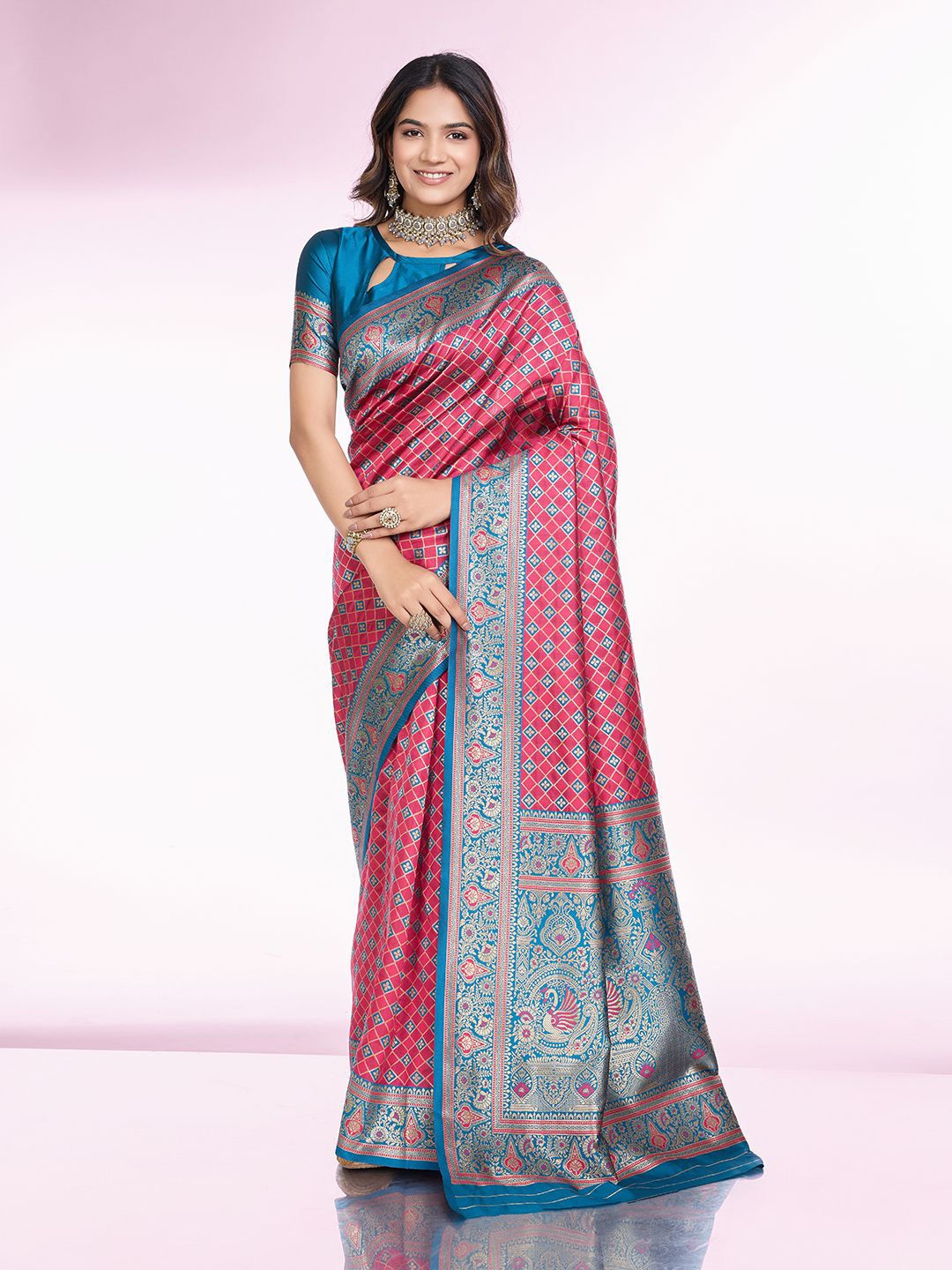 

RICH & ROMAN Woven Design Zari Pure Silk Banarasi Saree, Pink