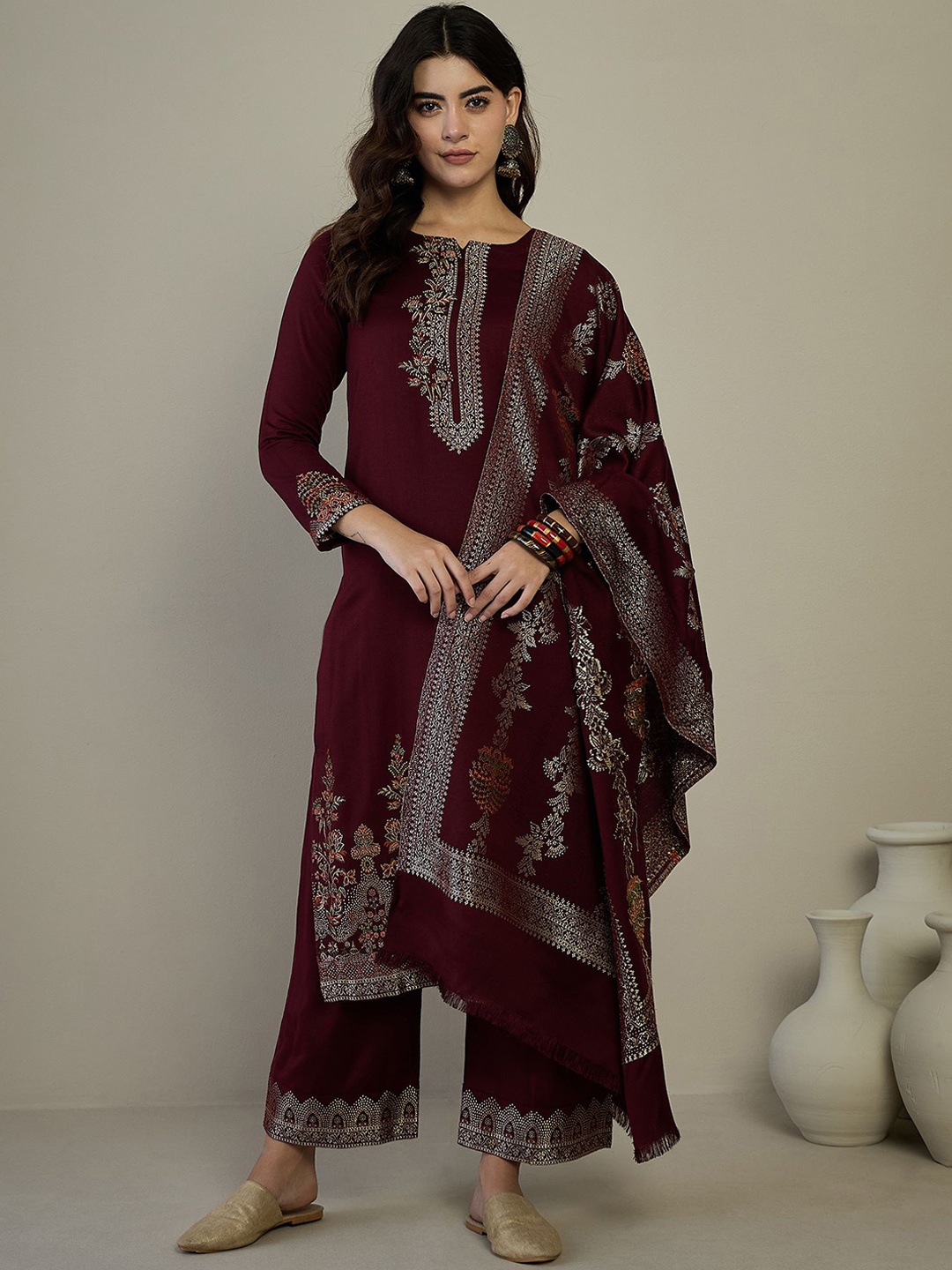 

HK colours of fashion Ethnic Motifs Woven Design Pashmina Unstitched Dress Material, Maroon