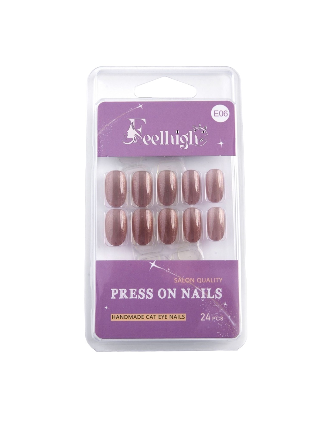 

FEELHIGH Set Of 24 Press On Cat Eye Reusable Artificial Nails - E-06, Pink
