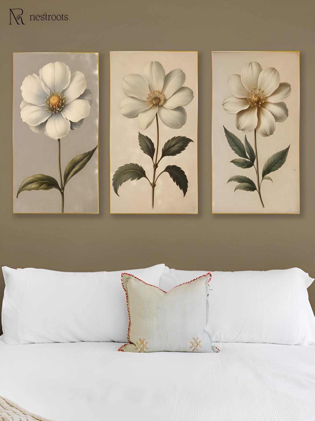 

nestroots Beige & Green 3 Pieces Flower Canvas Wall Paintings