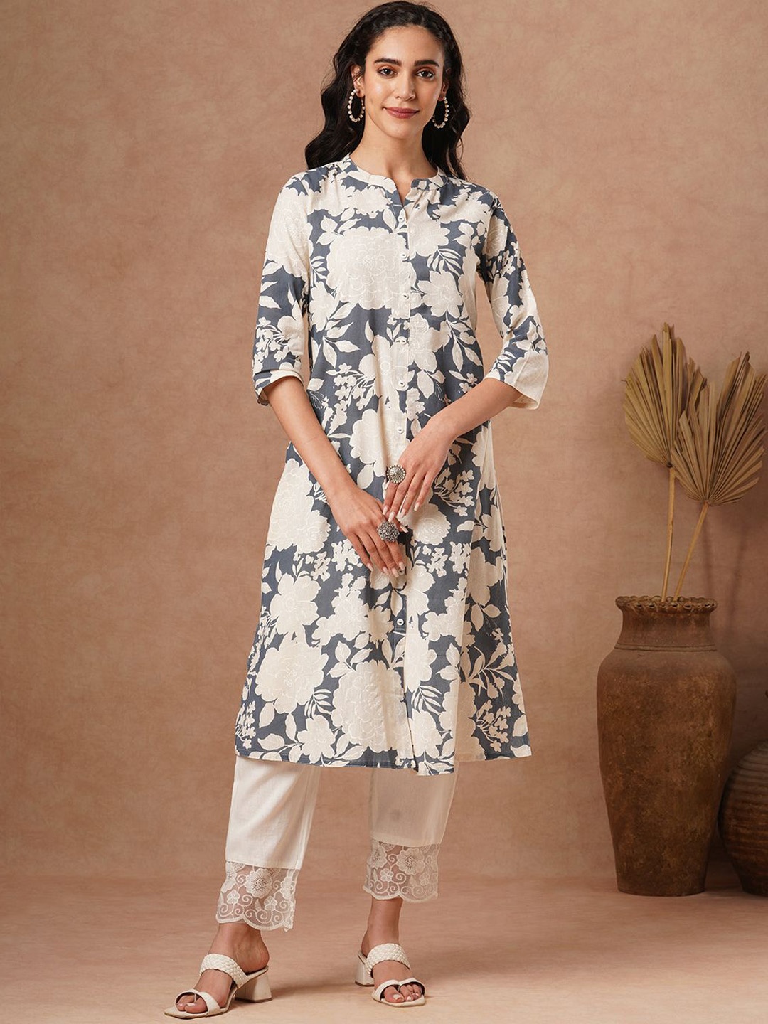 

FASHOR Abstract Printed Mandarin Collar A-Line Kurta, Grey