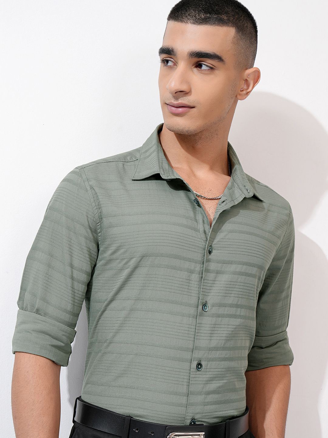 

Highlander Men Dobby Textured Striped Regular Fit Casual Shirt, Olive