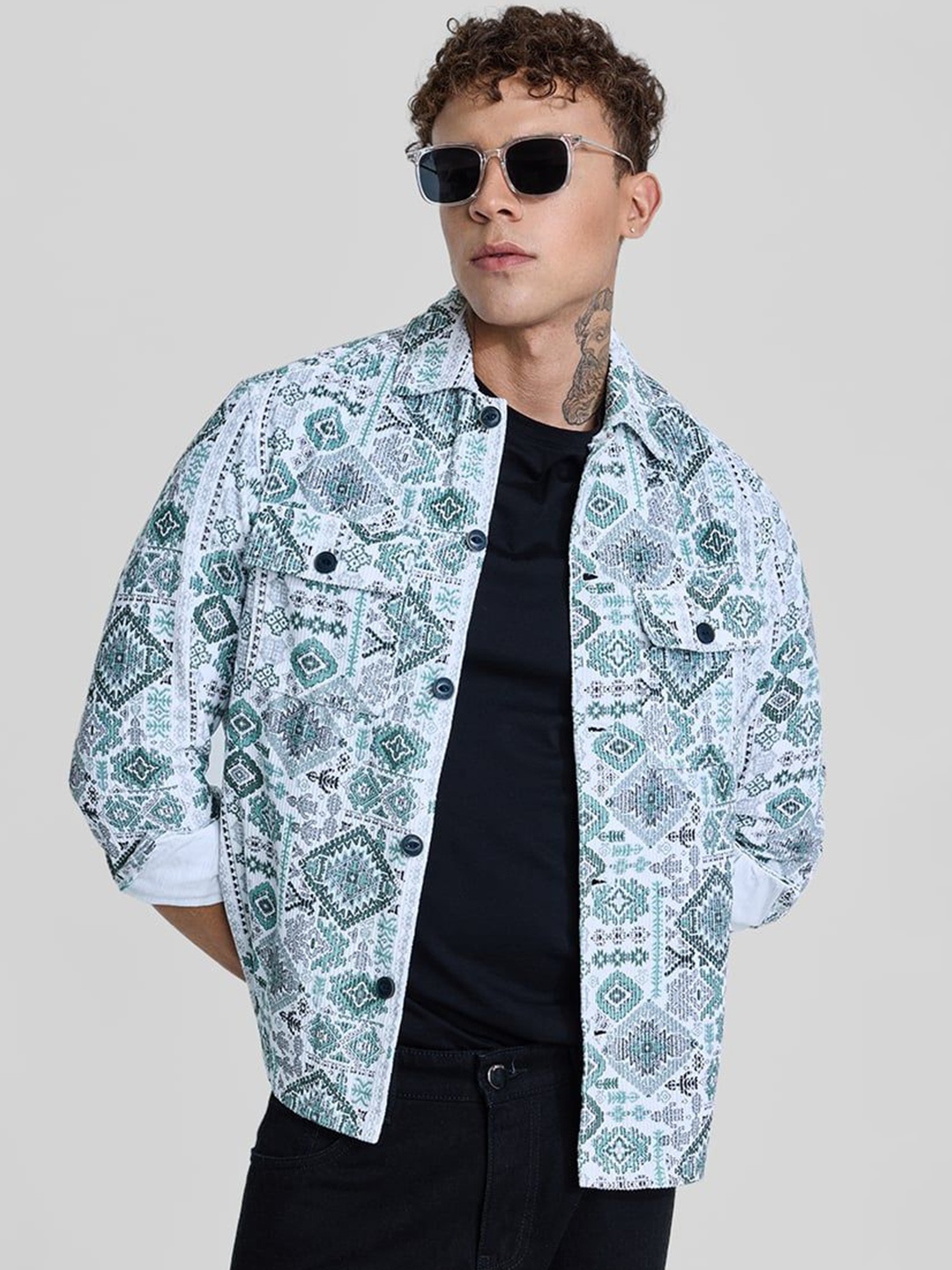 

Snitch Men Spread Collar Geometric Printed Cotton Casual Tailored Jacket, White