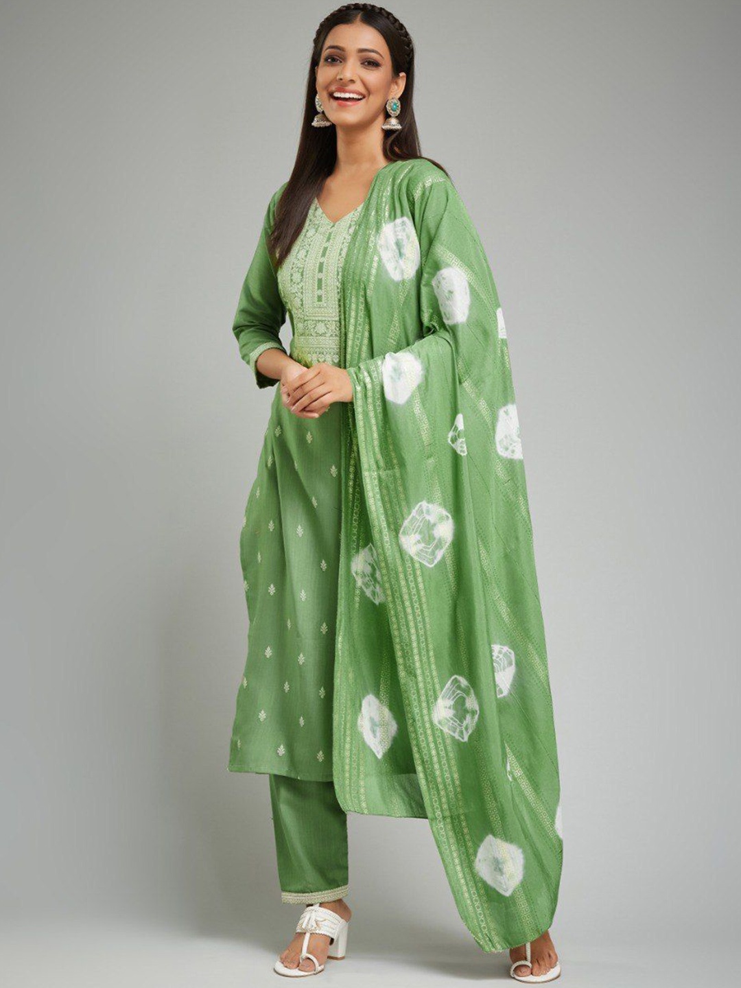 

LADY SHOPI Floral Printed V-Neck Chanderi Silk Straight Kurta With Sharara & Dupatta, Lime green