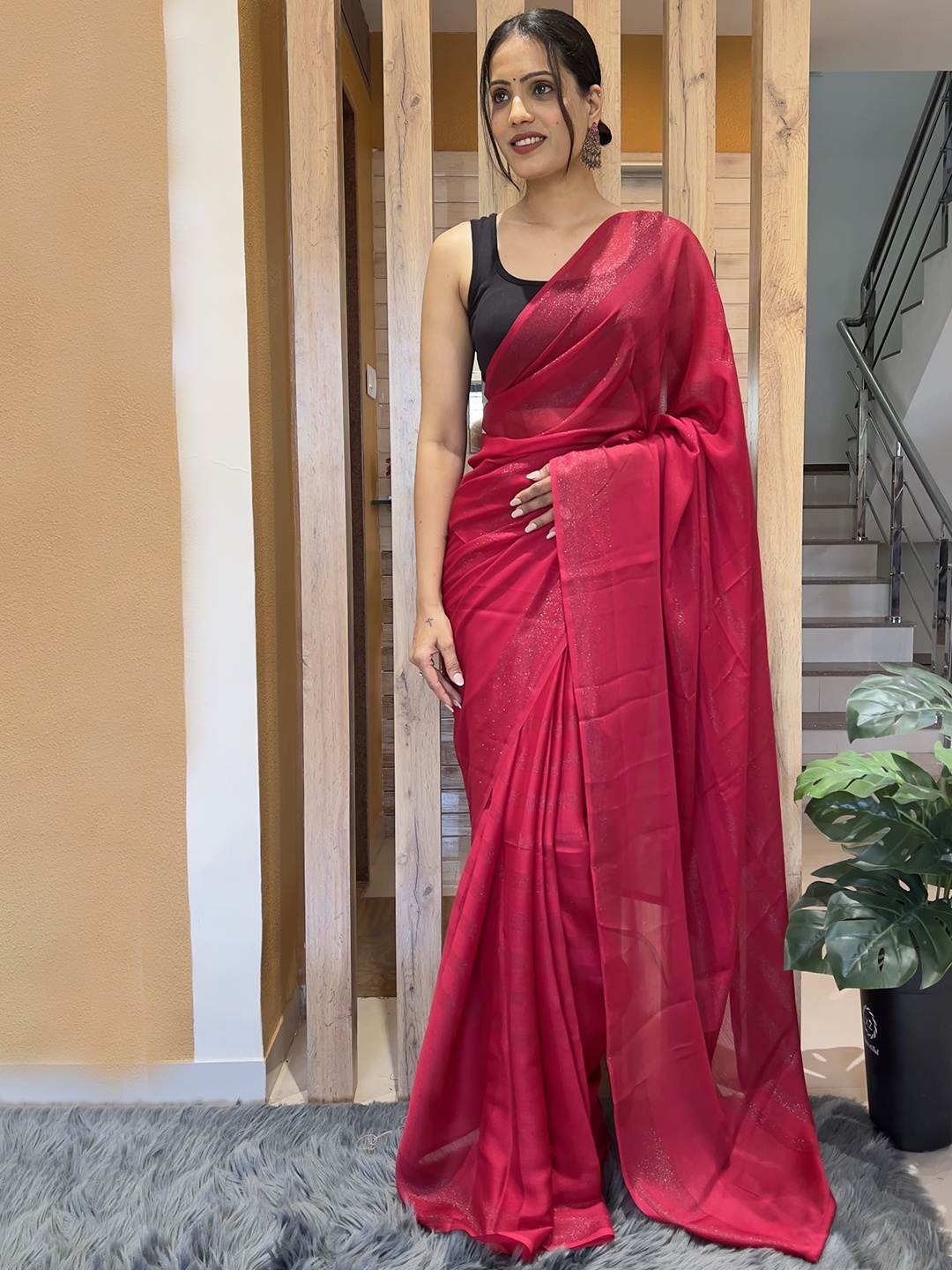 

V3 FASHION STUDIO Pure Chiffon Ready to Wear Jamdani Saree, Red