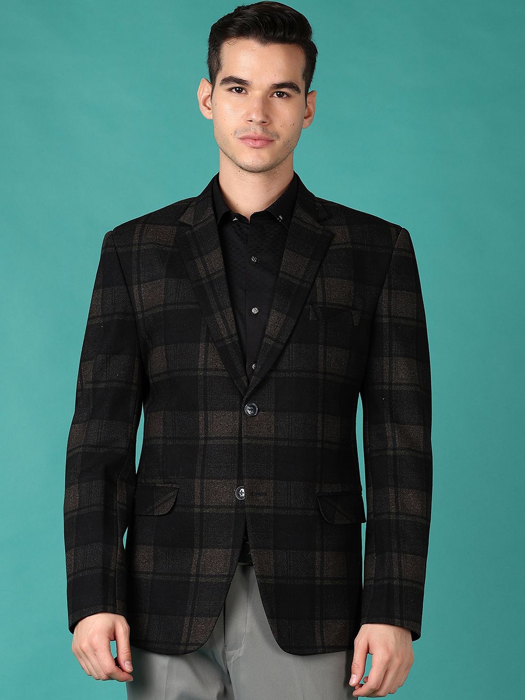 

V-Mart Checked Notched Lapel Collar Single Breasted Blazer, Green