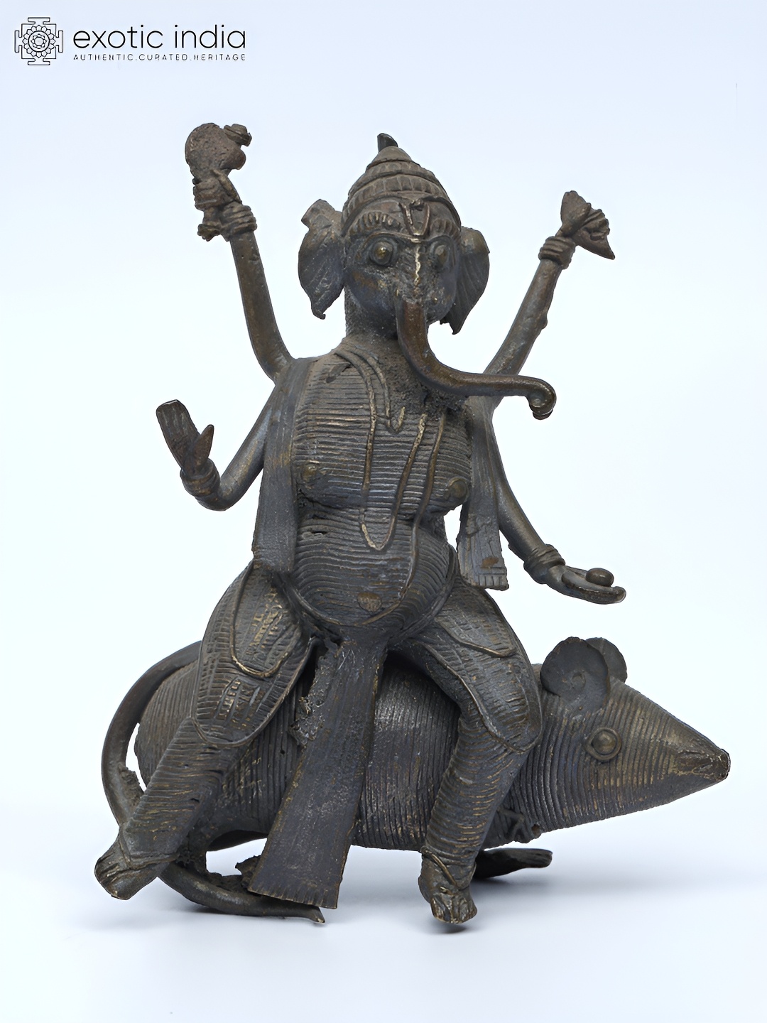 

Exotic India 4" Small Lord Ganesha on Mushak Tribal Brass Statue, Brown