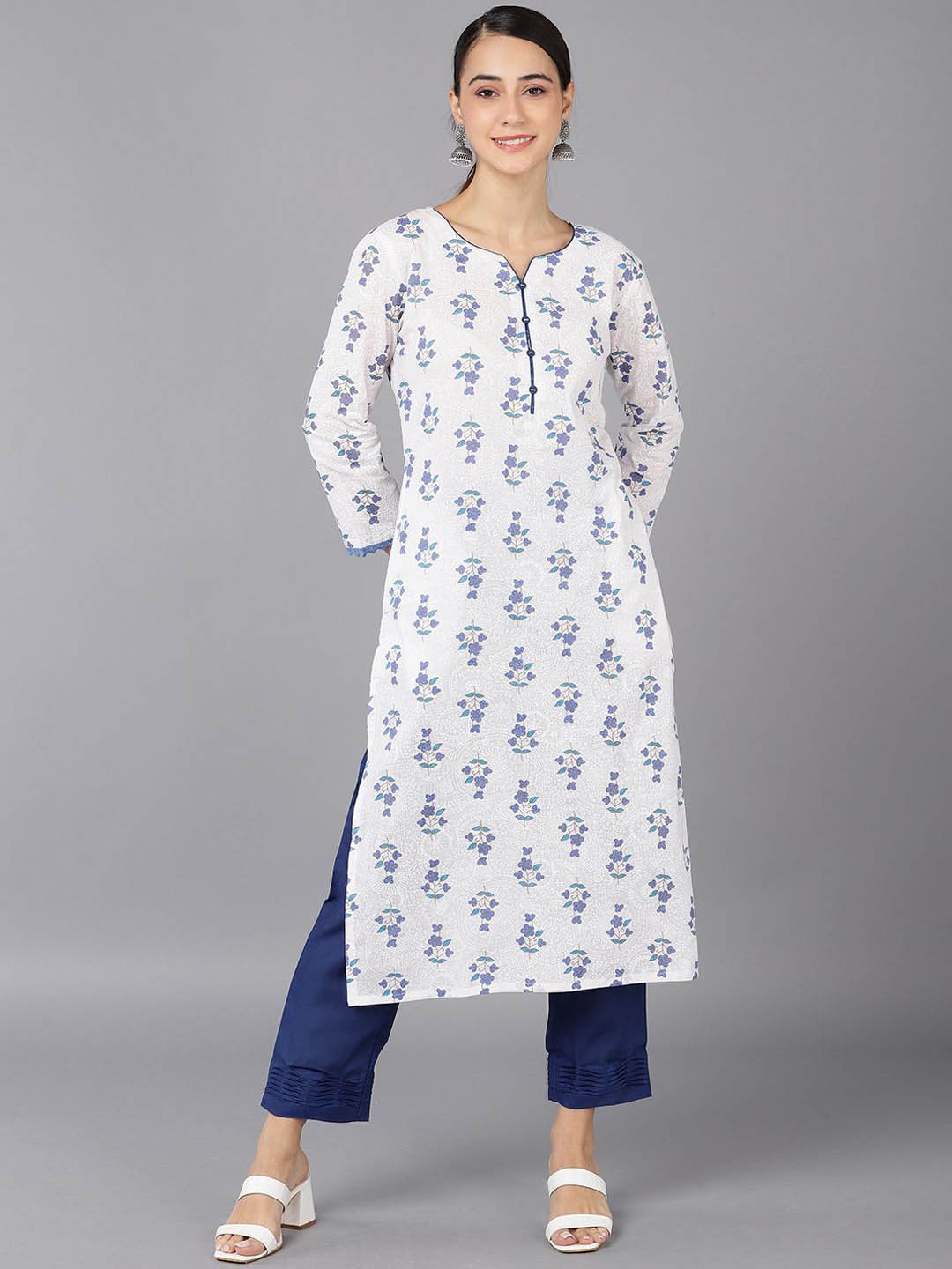 

AHIKA Floral Printed Regular Cotton Straight Kurta, White
