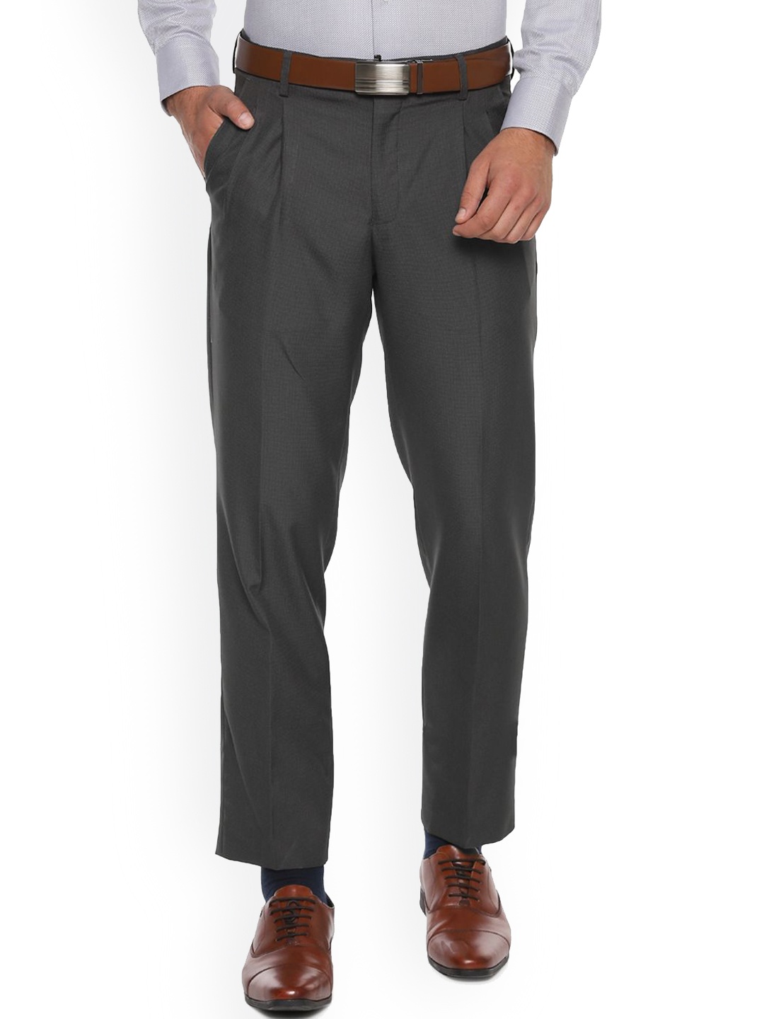 

Van Heusen Men Loose Fit Self Design Pleated Formal Trousers, Grey