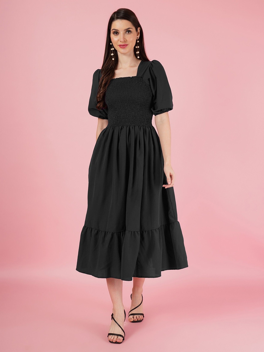 

Raiyani Enterprise Women Square Smocked Neck Short Sleeves Fit & Flare Casual Dress, Black