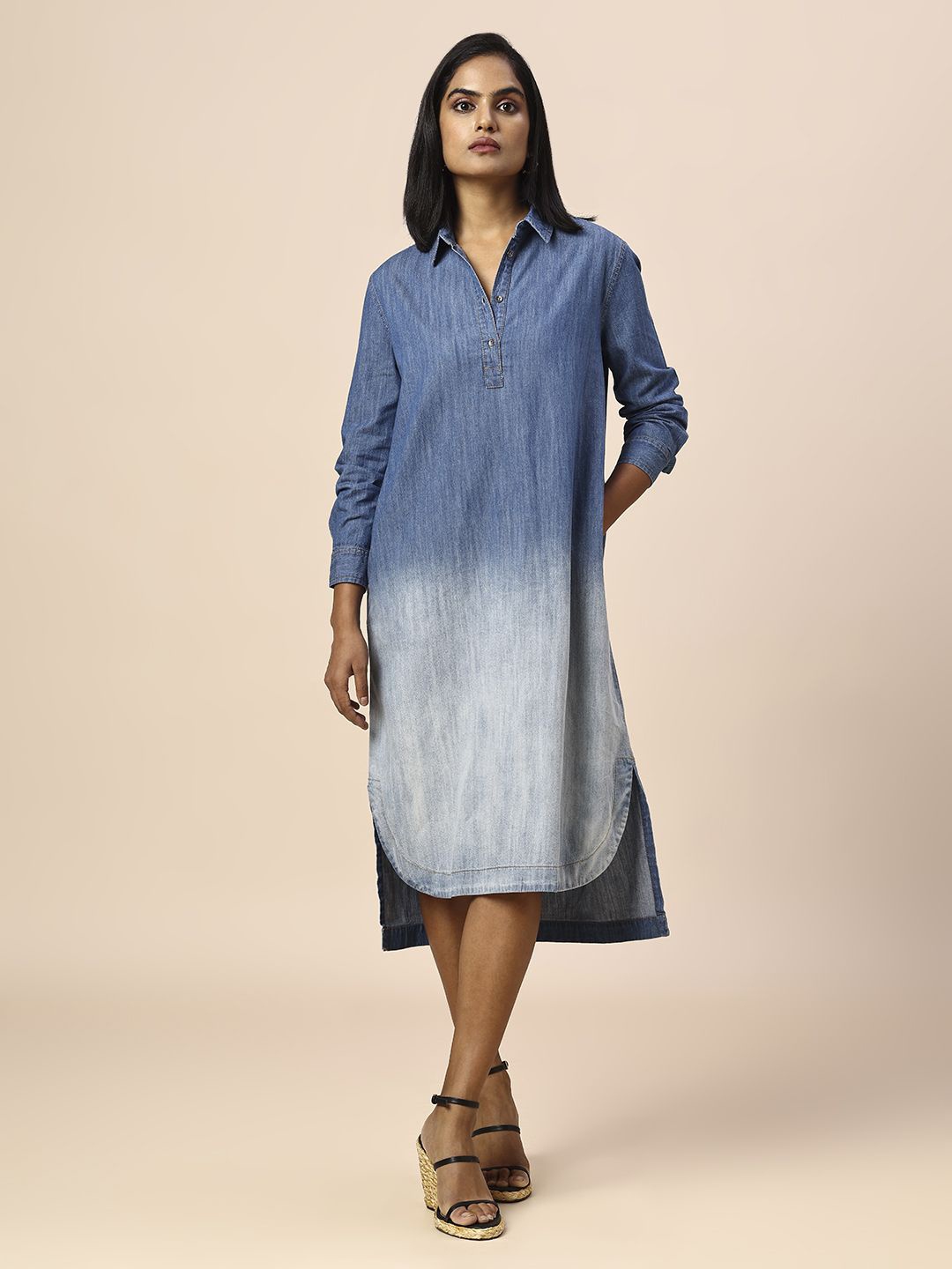 

Chemistry Tie and Dye Shirt Collar Shirt Midi Dress, Blue