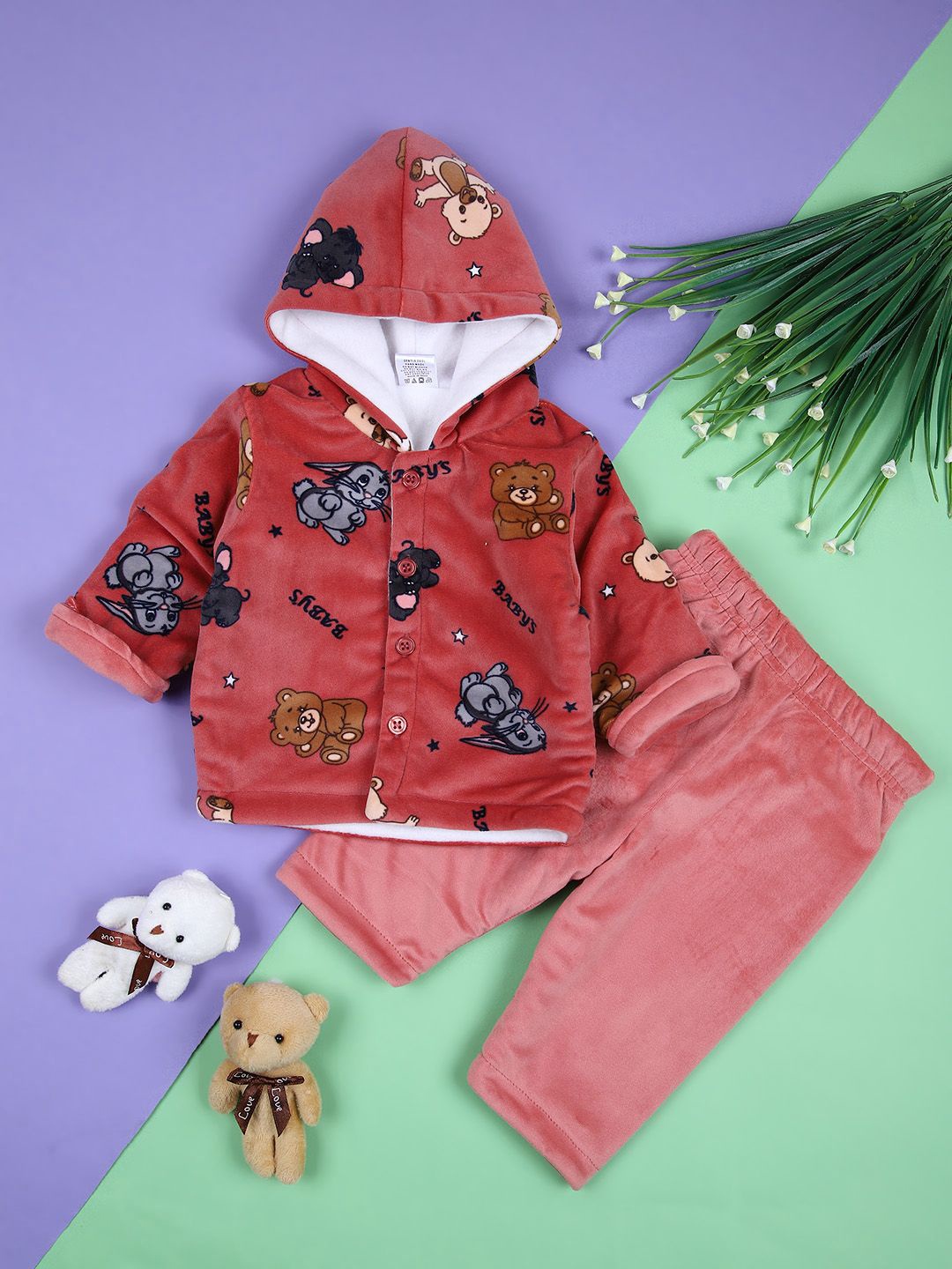 

V-Mart Kids Cartoon Characters Printed Hooded Velvet Shirt With Trousers, Rust