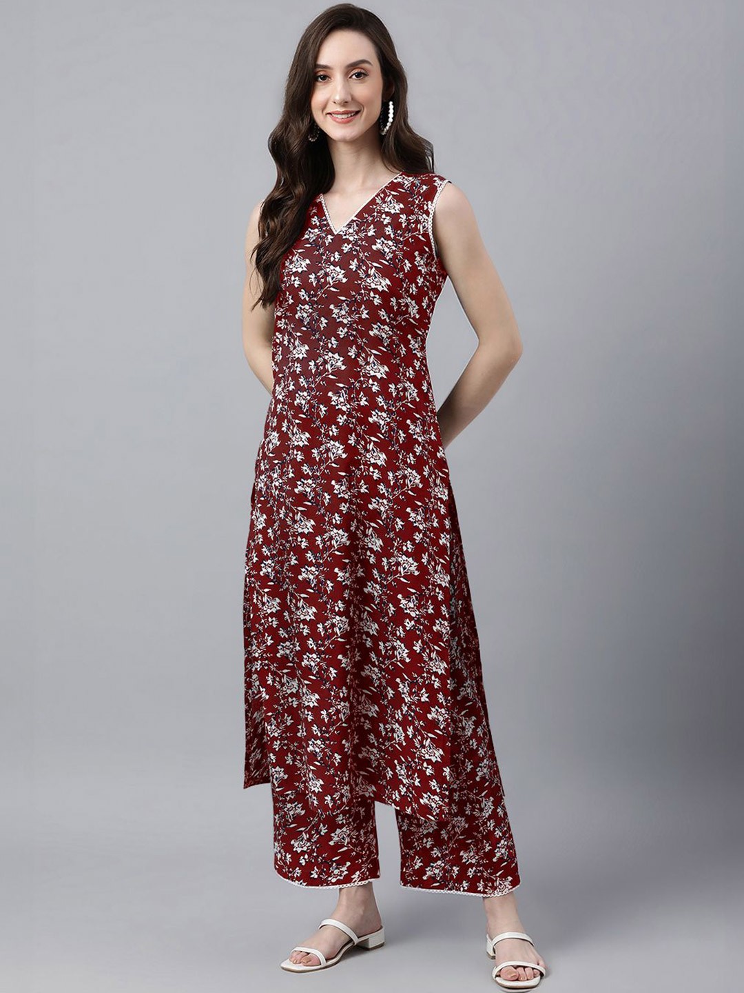 

Janasya Floral Printed Pure Cotton Tunic With Trousers, Maroon