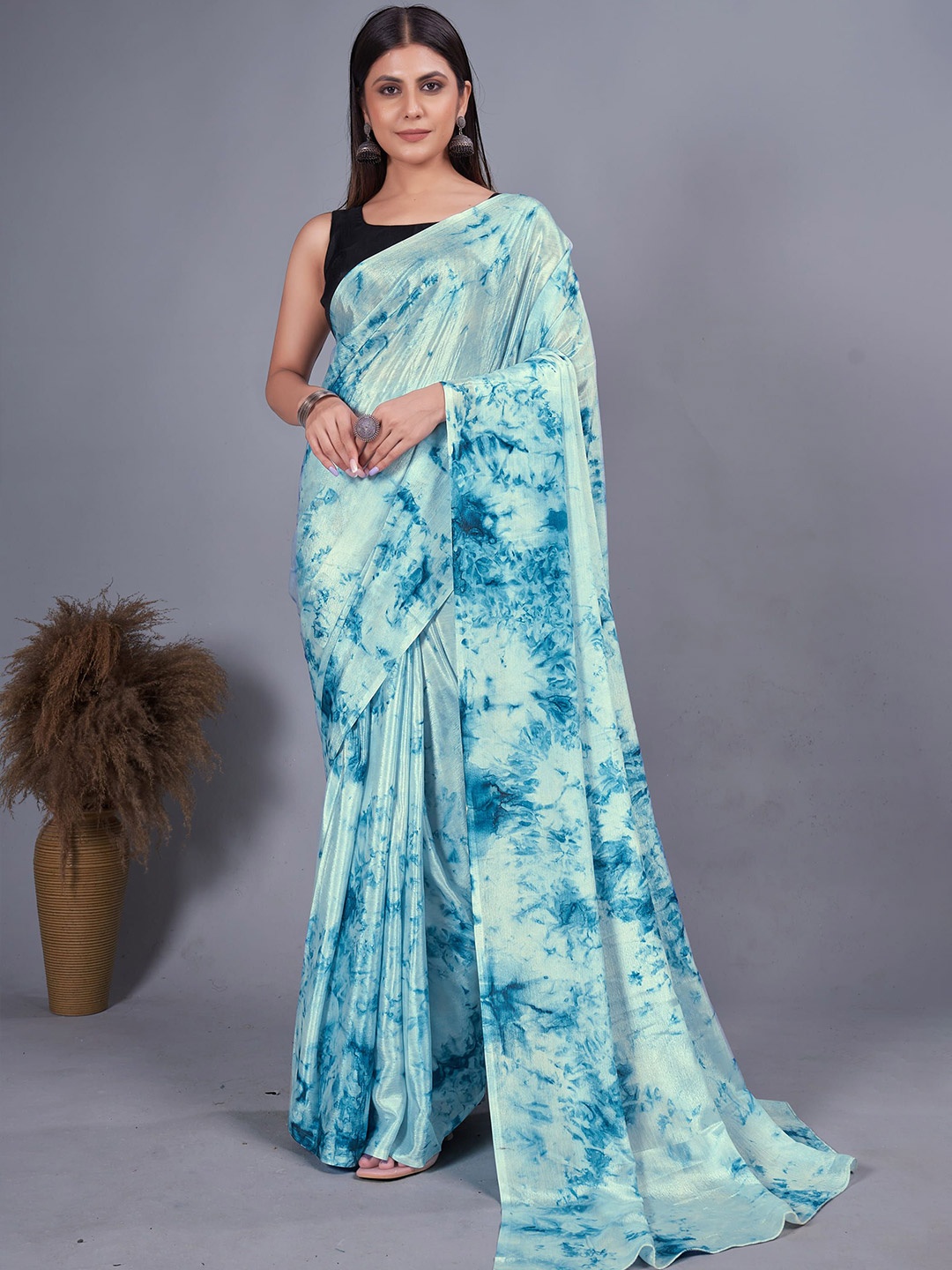 

V3 FASHION STUDIO Tie And Dye Printed Pure Chiffon Ready to Wear Saree, Blue