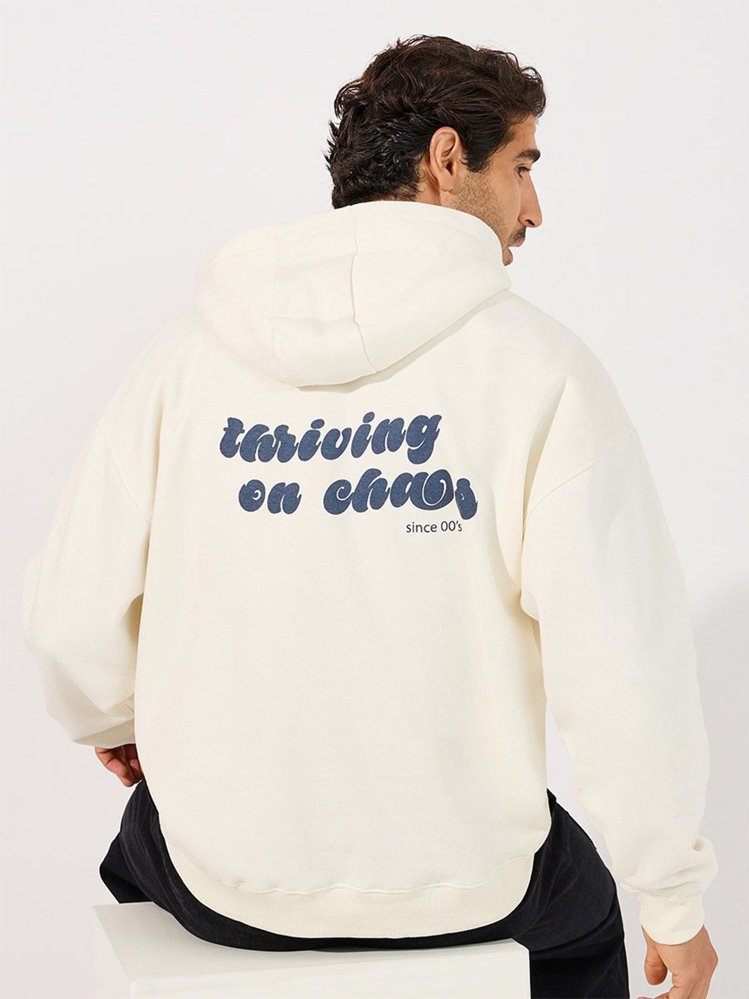 

Styli Typography Printed Hooded Oversized Fit Pullover Sweatshirt, Cream