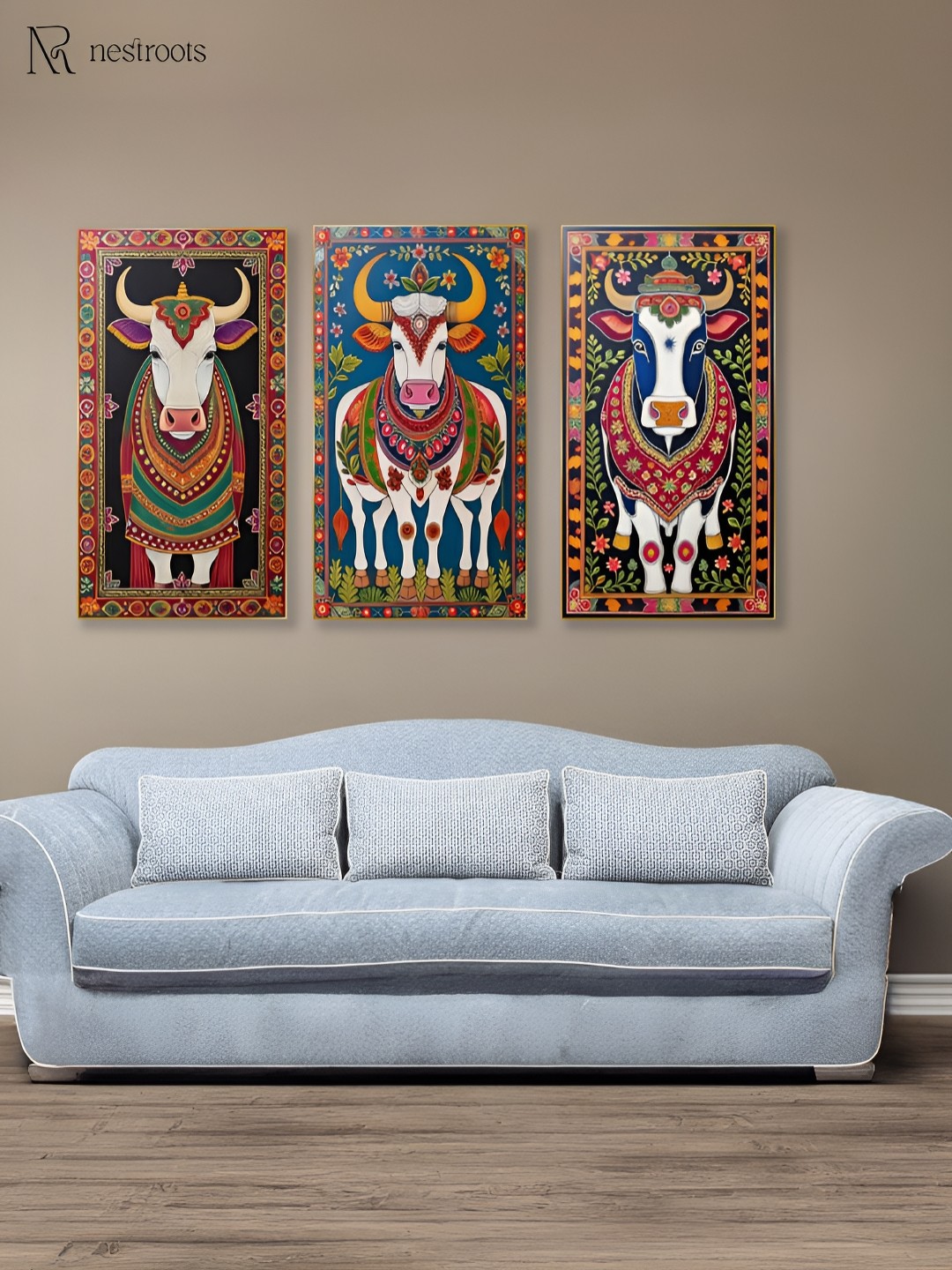 

nestroots Green & Brown 3 Pieces Sacred Indian Cow Canvas Painting Wall Arts