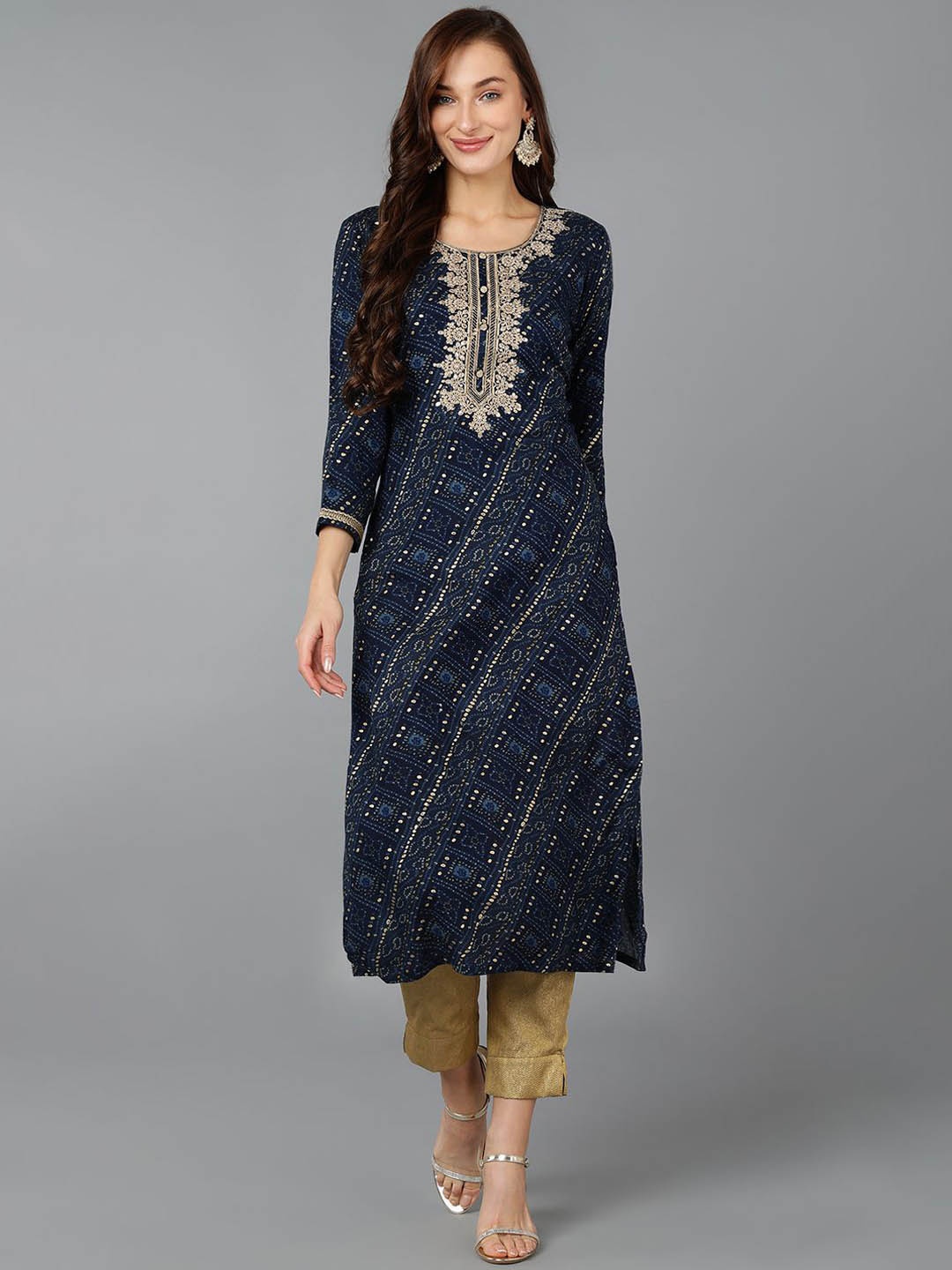 

KALINI Bandhani Embroidered Thread Work Straight Kurta, Navy blue