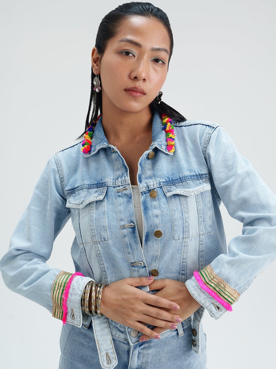 

FREAKINS Women Spread Collar Solid Cotton Casual Denim Jacket, Blue