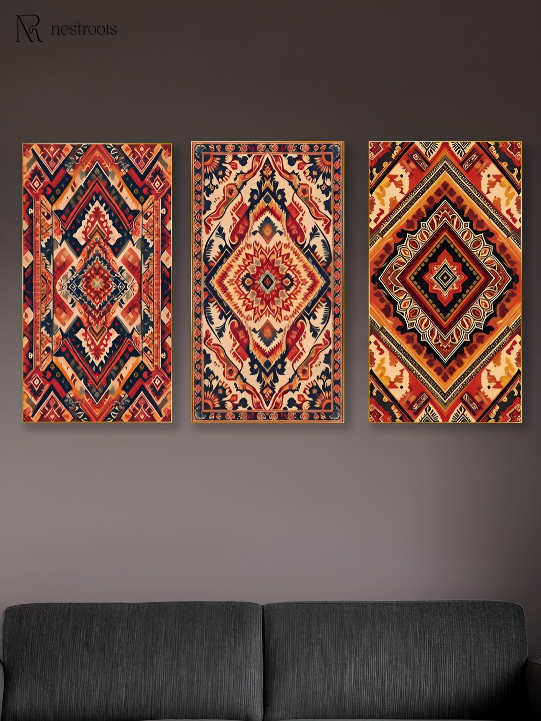 

nestroots Brown & Red 3 Pieces Geometric Canvas Painting Wall Art
