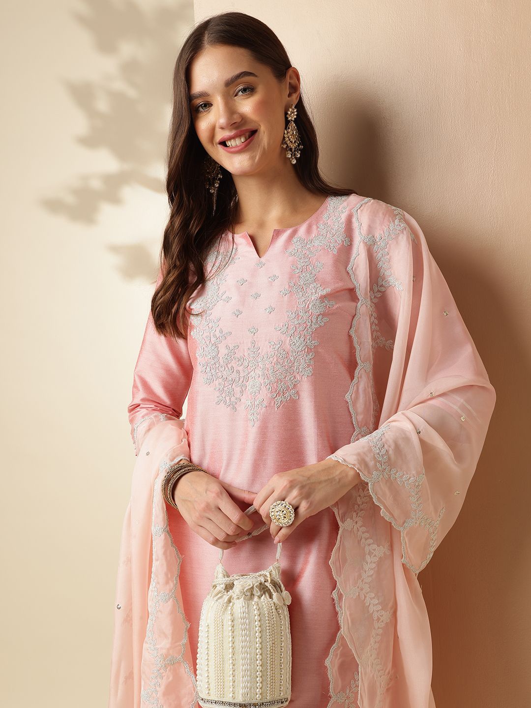 

Anouk Pink Floral Embroidered Notch Neck Straight Kurta With Trousers & Dupatta