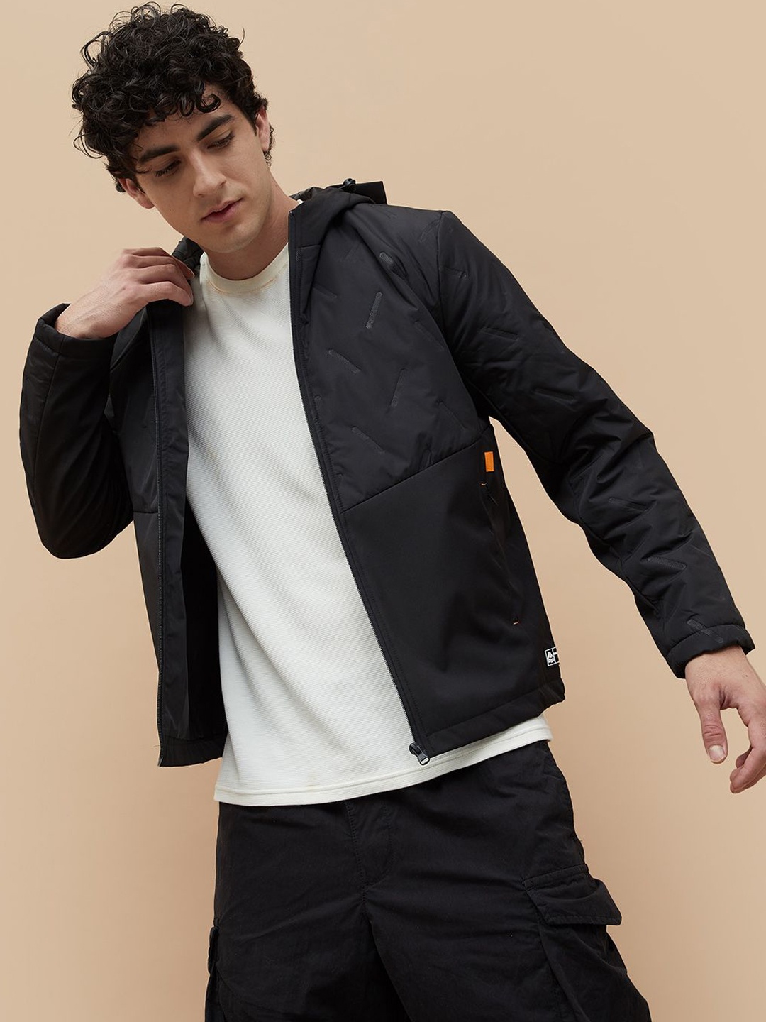 

Kappa Men Hooded Self Design Casual Sporty Jacket, Black
