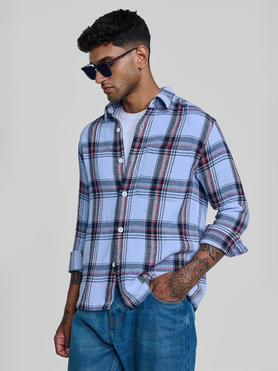 

Snitch Men Smart Spread Collar Tartan Checked Cotton Casual Shirt, Blue