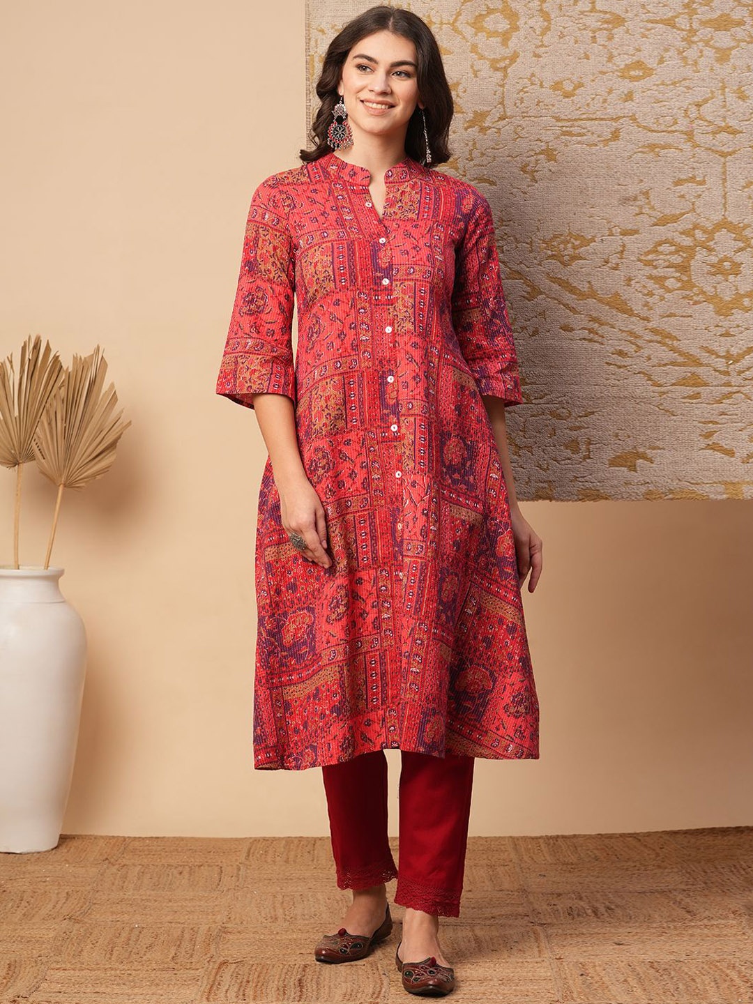 

FASHOR Floral Printed Mandarin Collar Pure Cotton A-Line Kurta, Pink