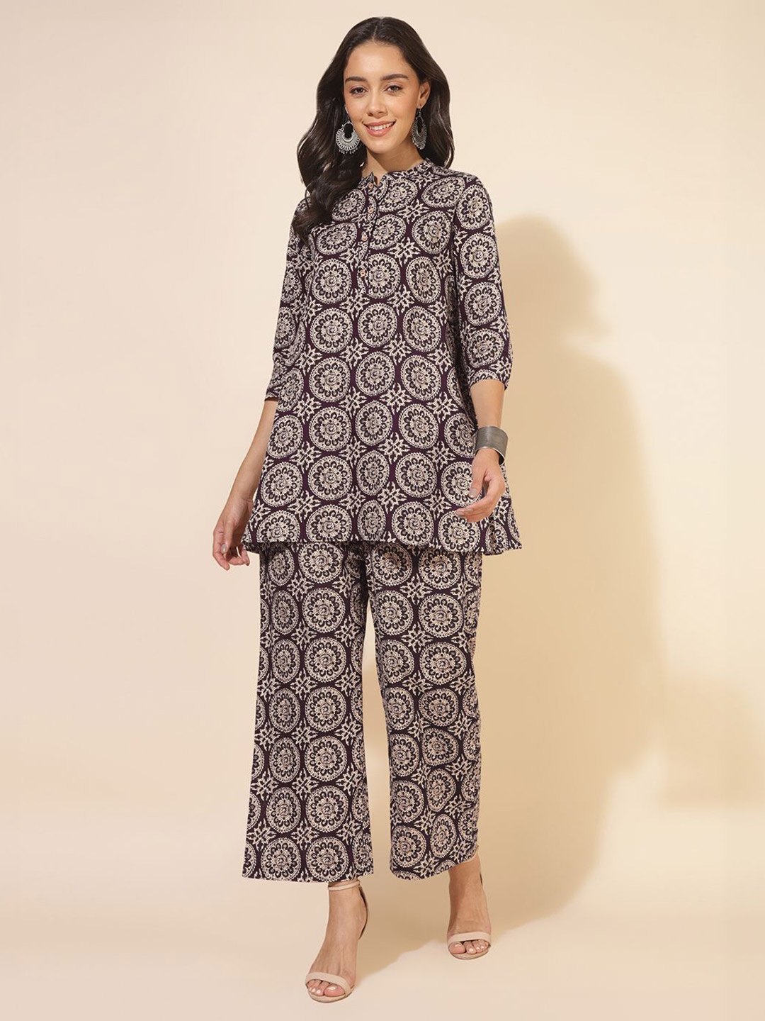 

Janasya Printed Mandarin Collar Pure Cotton Tunic With Trousers, Burgundy