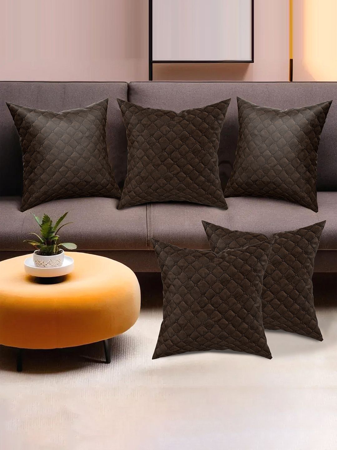 

Kuber Industries Brown 5 Pieces Geometric Textured Velvet Square Cushion Covers