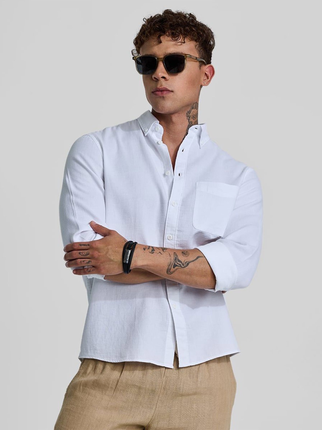 

Snitch Men Smart Button-Down Collar Solid Cotton Casual Shirt, White