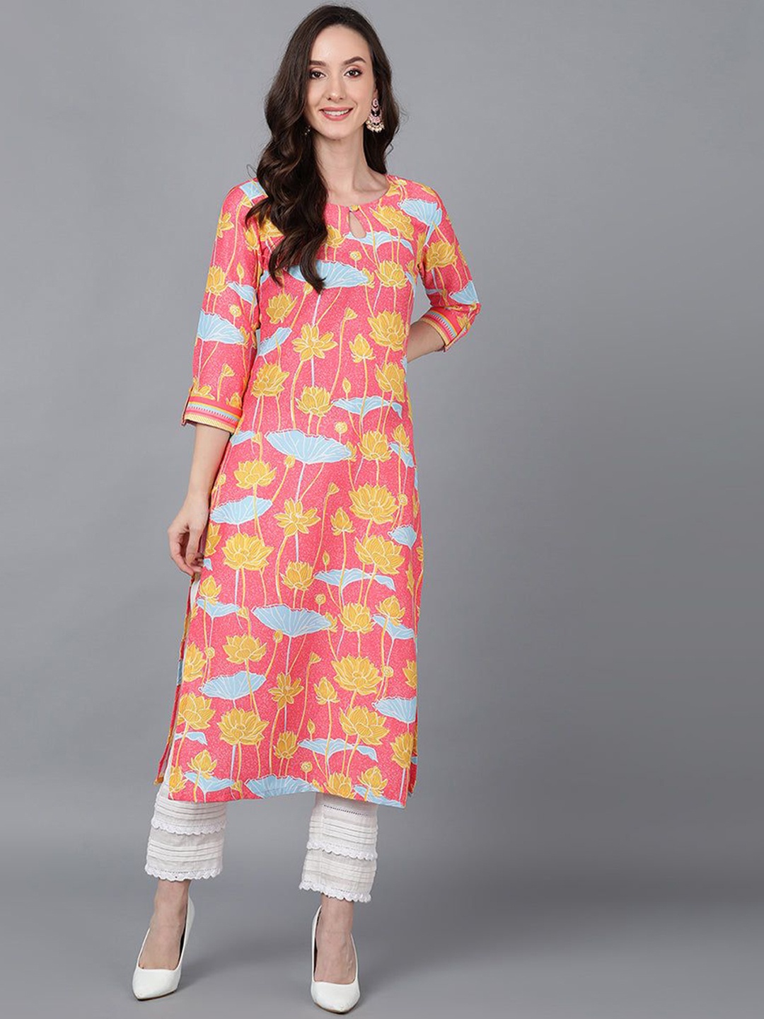 

KALINI Floral Printed Keyhole Neck Straight Kurta, Pink