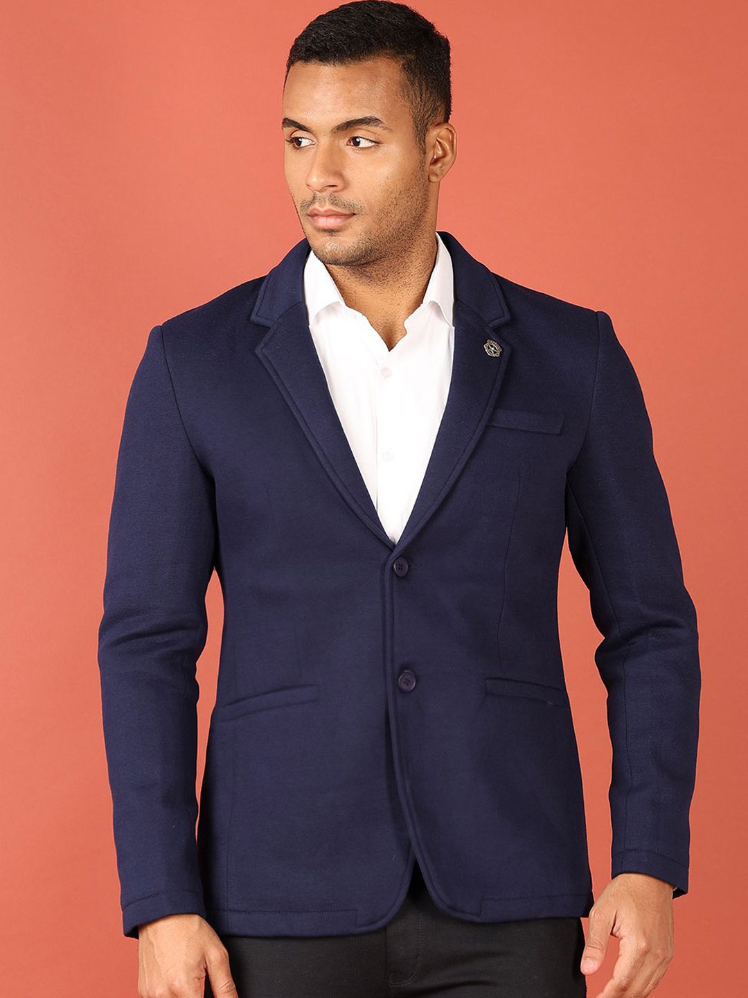 

V-Mart Notched Lapel Collar Cotton Single-Breasted Blazer, Navy blue