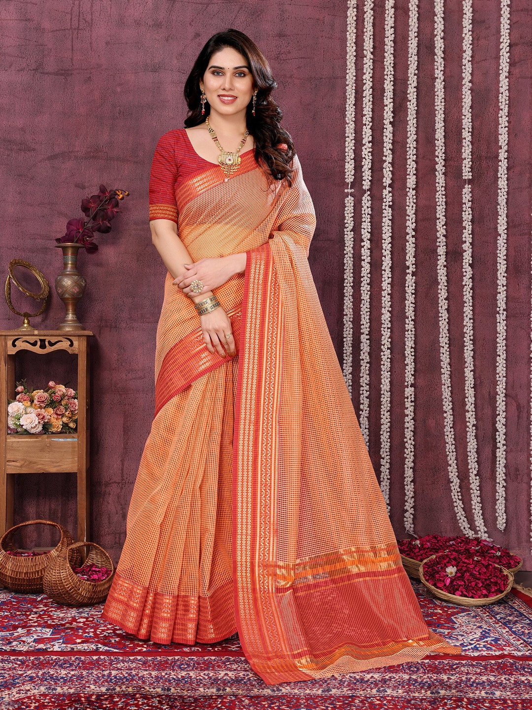 

Sidhidata Woven Design Zari Silk Fusion Kota Saree, Peach