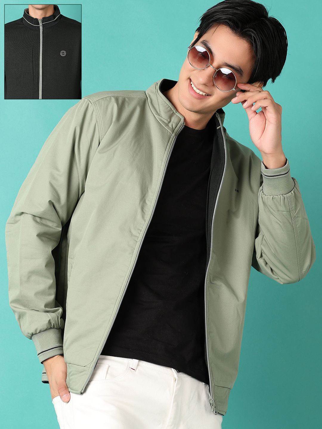 

V-Mart Men Mock Collar Solid Cotton Casual Bomber Reversible Jacket, Olive