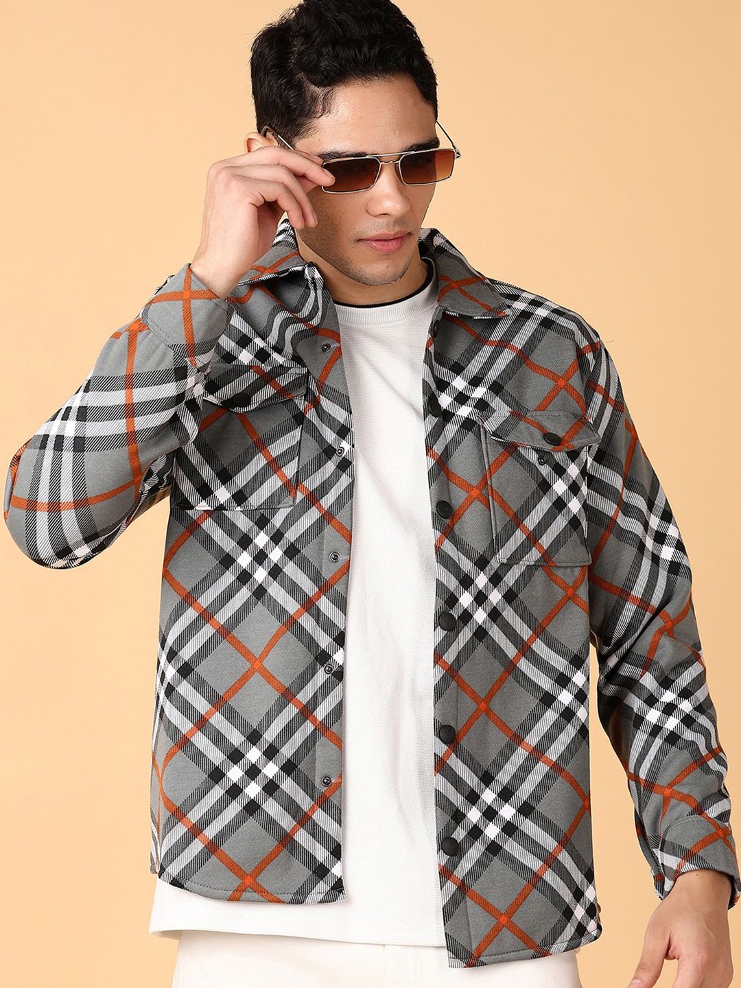 

V-Mart Men Cotton Front-Open Checked Sweatshirt, Grey