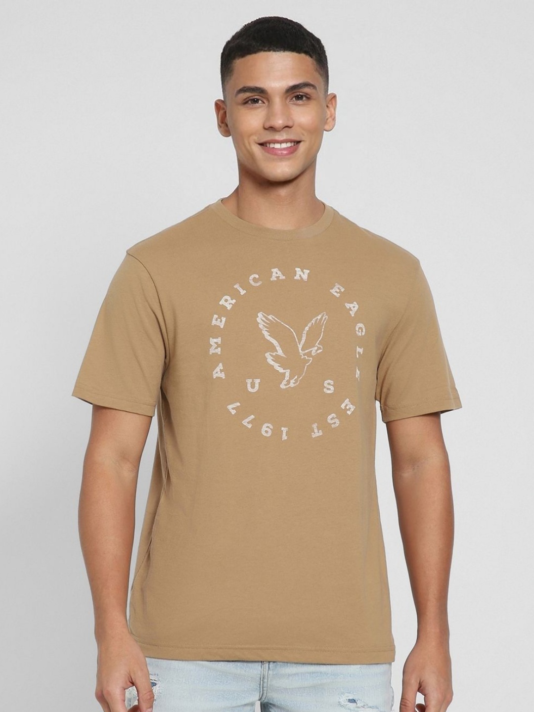 

AMERICAN EAGLE OUTFITTERS Men Typography Printed Round Neck Cotton Oversized T-shirt, Khaki