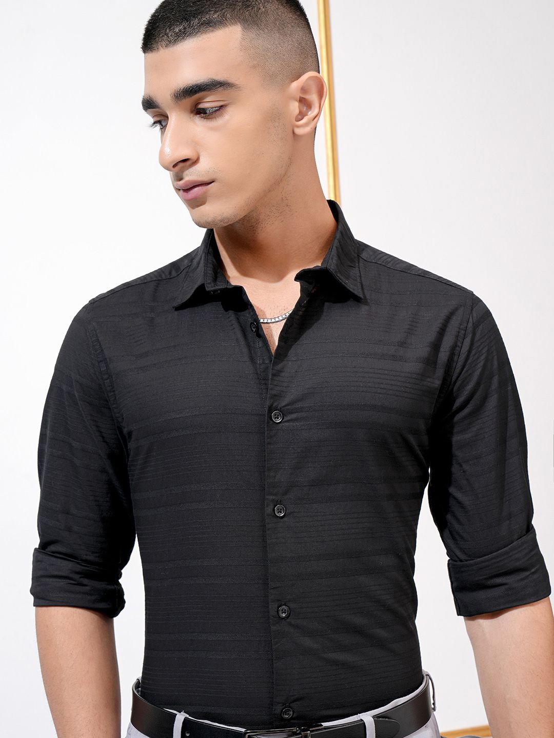 

Highlander Men Dobby Textured Striped Regular Fit Casual Shirt, Black