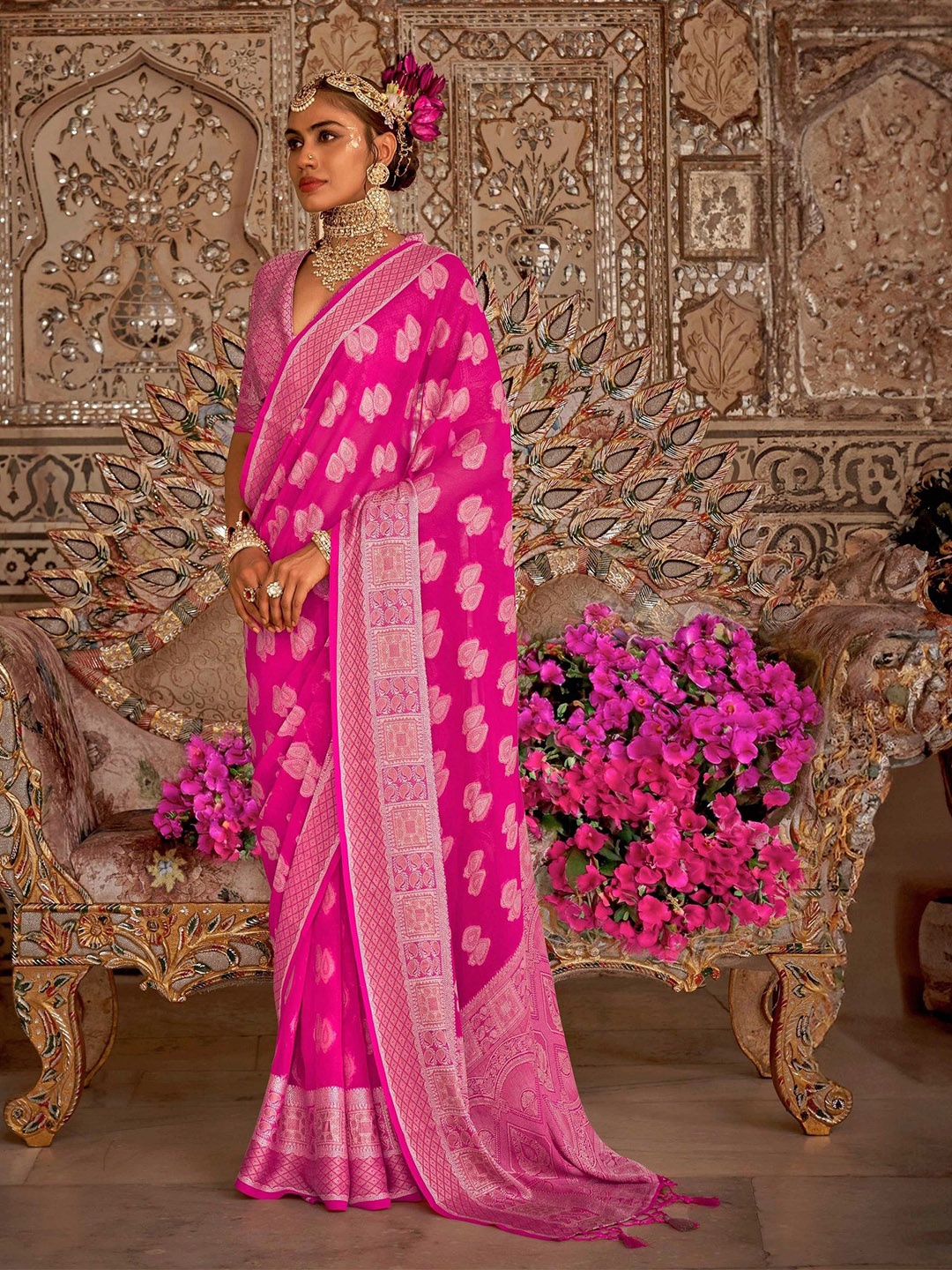 

MAHALASA Woven Design Zari Banarasi Saree, Pink
